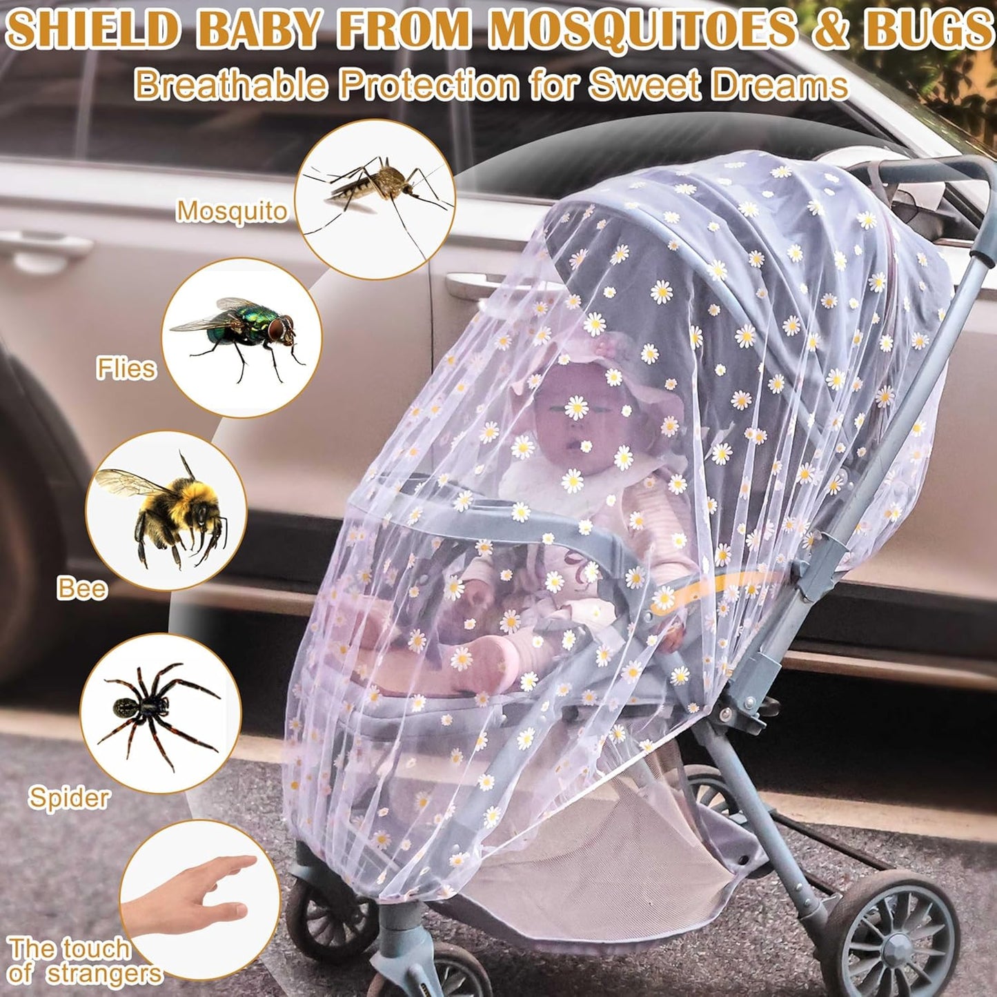 Baby Stroller Mosquito Net (2 Pack) - Durable Mesh Protection for Bassinets, Cradles, Playards, Pack N Plays & Portable Mini Cribs | Breathable Universal Fit Insect Barrier (Black + Daisy)