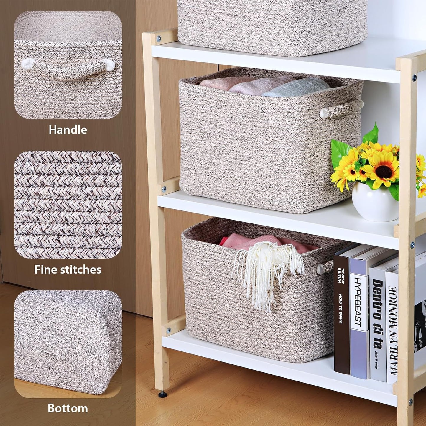 Kntiwiwo Storage Baskets for Organizing 14.7”x11”x9.6” Rope Storage Baskets for Shelves with Handles, Decorative Closet Baskets & Bins, Large Woven Baskets for Storage, Beige & Brown