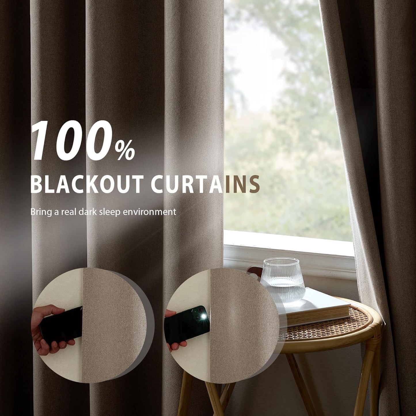 NICETOWN 100% Blackout Linen Faux Linen Curtains 95 inches Length for Dining Room, 2 Panels Set, 52" Wide, Farmhouse Style Room Cooling Window Draperies with Thermal Insulated Liners