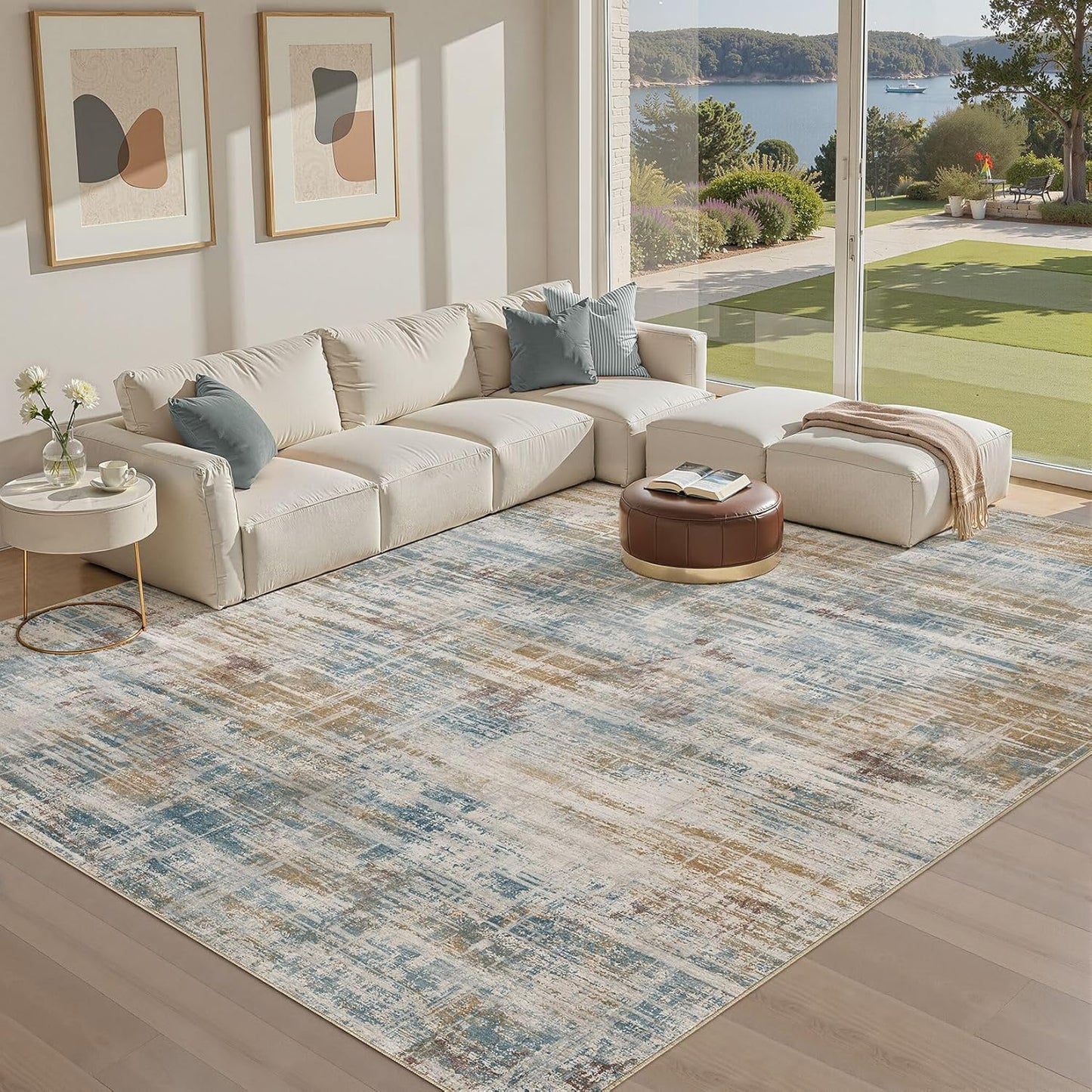 Area Rug for Living Room: 10x12 Washable Neutral Abstract Modern Soft Rugs Non Slip Indoor Floor Stain Resistant Large Carpet for Bedroom Dining Room Office Nursery - Blue Brown