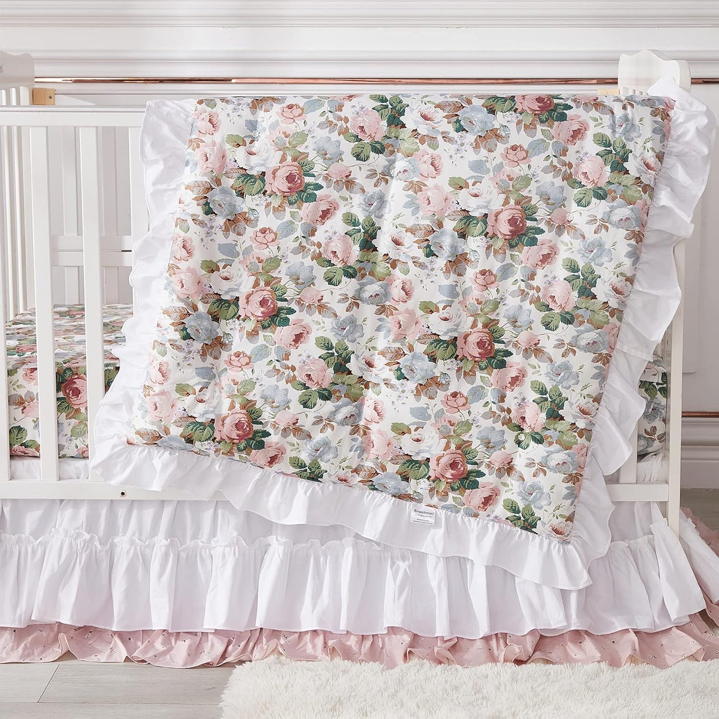 Brandream French Country Garden Floral Crib Bedding Sets for Girls Baby Nursery Bedding Set 3 Piece Ruffled Baby Quilt, Crib Sheet, Crib Skirt - White Blush Pink Green