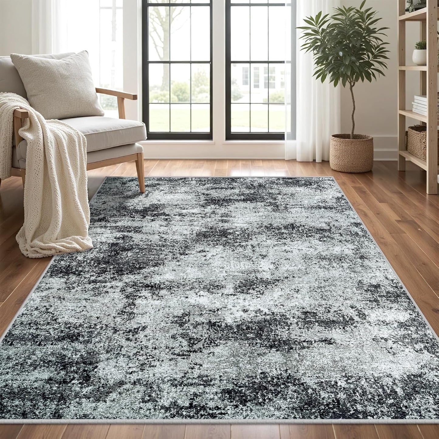 Area Rug Living Room Rugs: 5x7 Abstract Washable Rugs Ultra Soft Carpets with Non-Slip Backing Stain Resistant Carpet for Dining Room Table Bedroom Nursery Indoor Home Office Dark Black/Gray