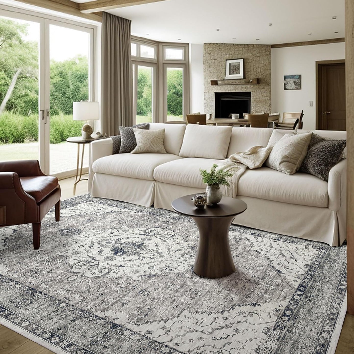 Grey Rug 6x9 Boho Vintage Rugs for Living Room, Washable Rugs Non Slip Large Area Rug for Dining Room Bedroom Office, Floor Decoration Big Rug Low-Pile Kid & Pet Friendly(Grey)