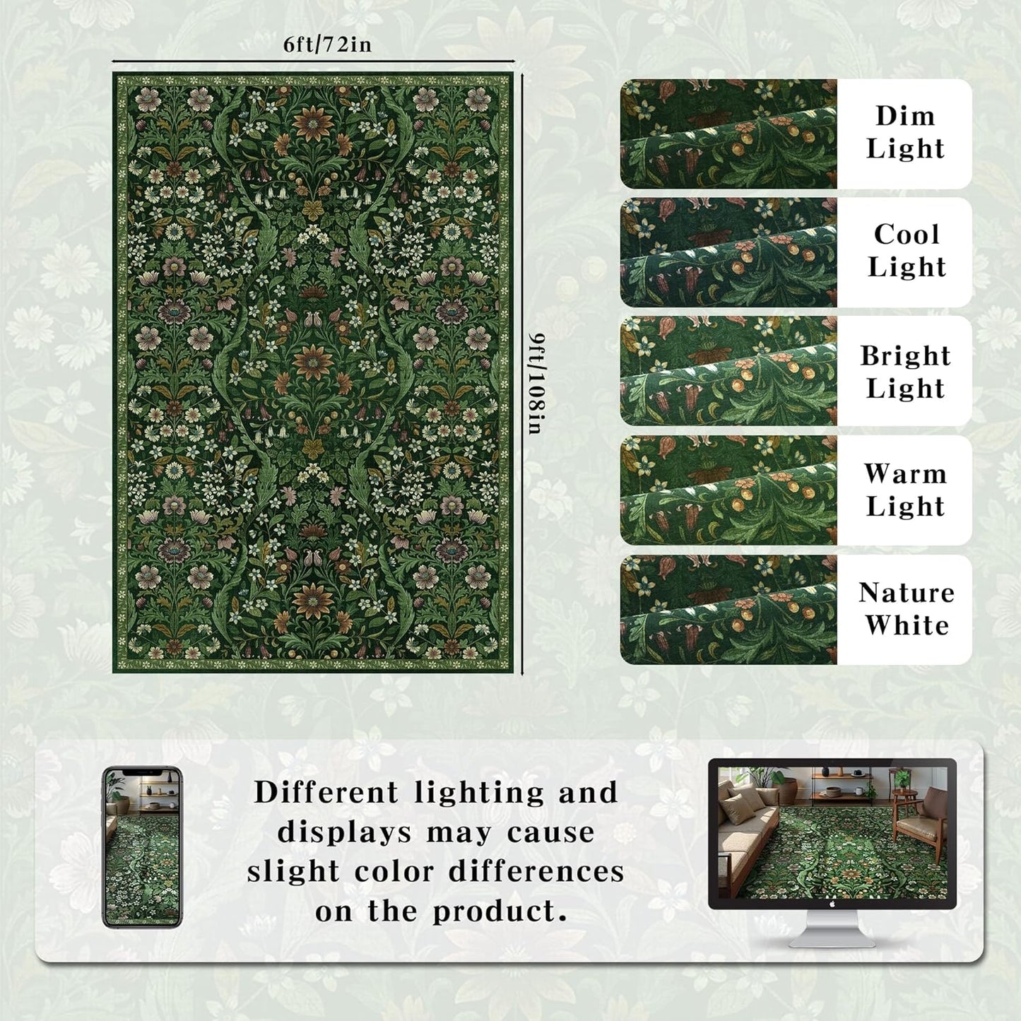 Floral Washable 6x9 Area Rug，Dark Green Boho Rugs for Living Room, Soft Low-Pile Non-Slip Stain Resistant & Non-Shedding Carpet for Bedroom, Dining Room, Office, Entryway, Nursery