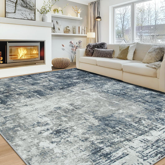 10x14 Area Rugs Large Living Room Rug Washable: Modern Abstract Rug Indoor Modern Carpet Non Slip for Dining Room Bedroom Nursery Home Office Blue/Grey