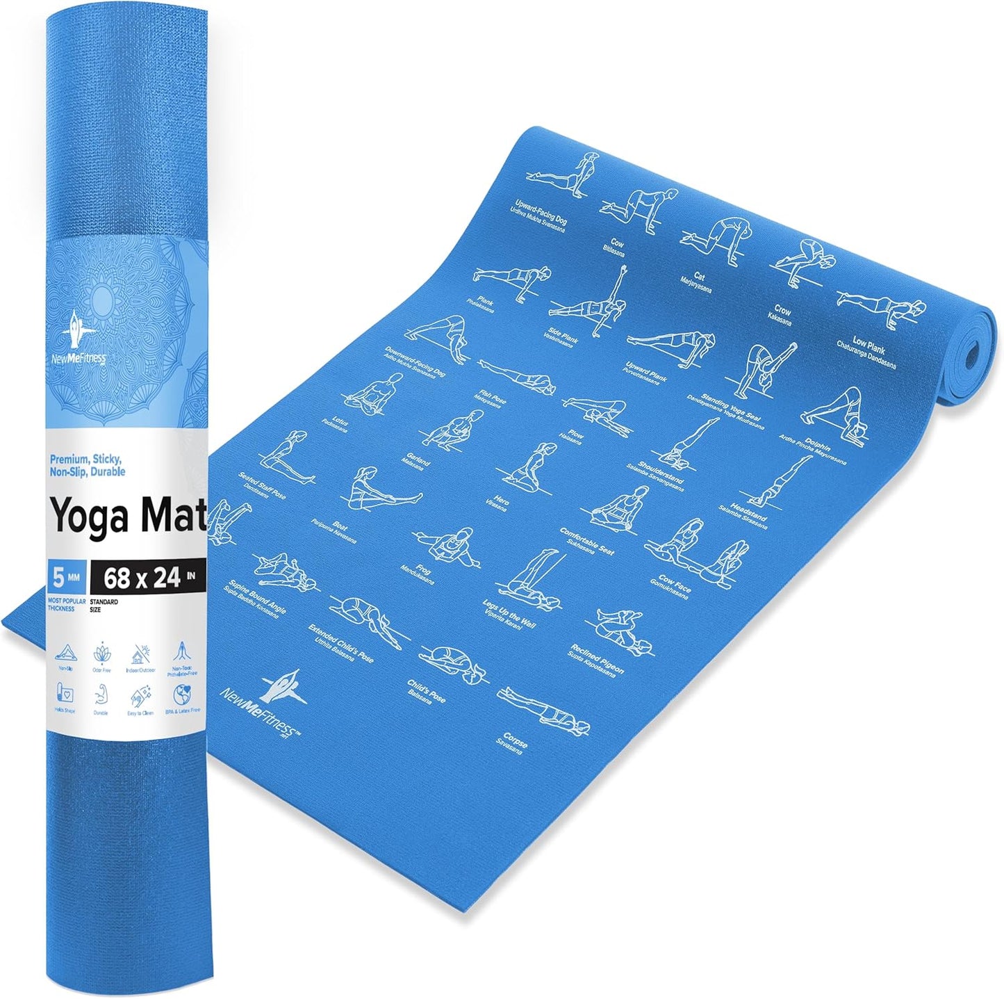 NewMe Fitness Yoga Mat for Women and Men - Large, 5mm Thick, 68 Inch Long, Non Slip Exercise Mats w/ 70 Printed Yoga Poses for Pilates, Workout and Stretching - Home and Gym Essentials