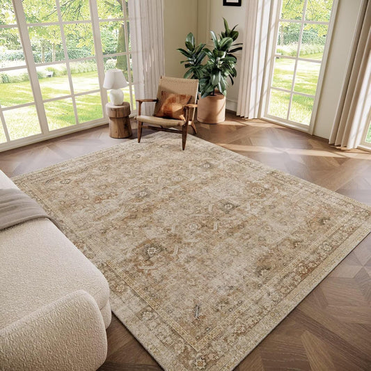 Washable 5x7 Area Rugs for Living Room, Boho Non-Slip Silicone Backing Rugs for Bedroom Dining Room Nursery Office, 0.3" Neutral Oriental Throw Carpet with 0.16" Cushioning Pad, Brown/Multi