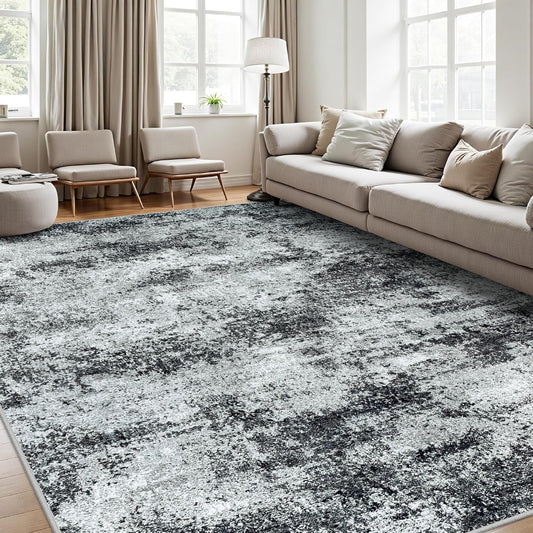 Area Rug 9x12 Washable Rugs: Abstract Large Living Room Rugs with Non-Slip Backing, Stain Resistant Indoor Floor Carpet for Bedroom Dining Room Table Nursery Hallway Home Office Dark Black/Gray