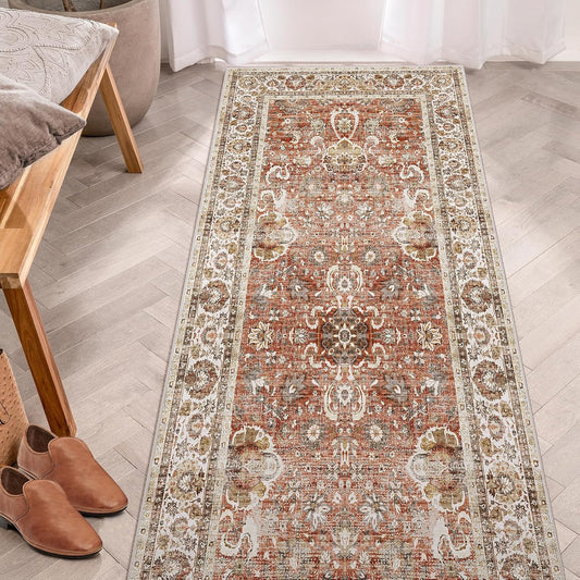 Vintage Runner Rug - 3x7 Distressed Brick Red, Non-Slip Kitchen & Bedroom Runner with Rubber Backing