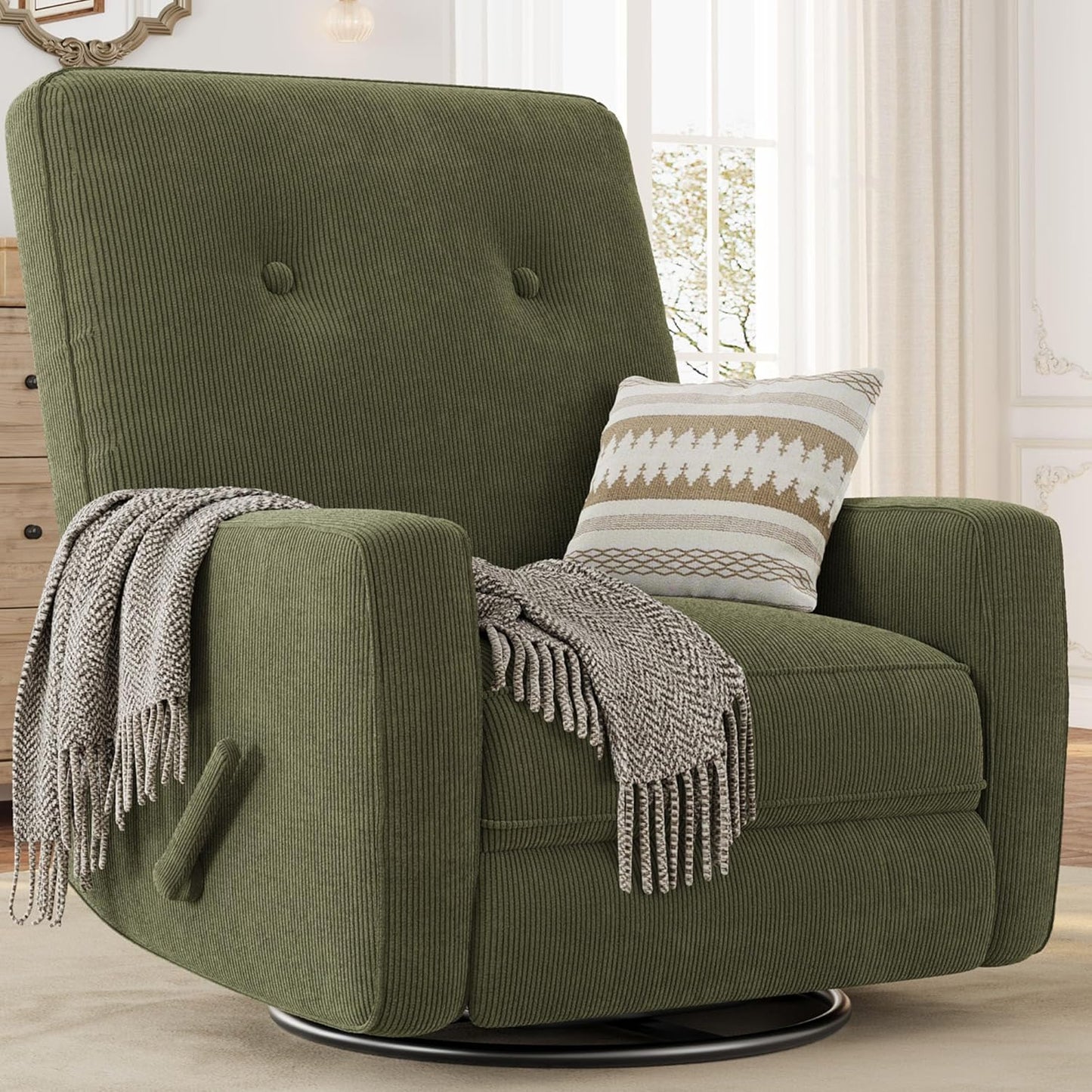 Recliner Chairs, Swivel Rocker Recline, Glider Recliner Nursery Chair for Adults, 360° Swivel Glider Rocking Chair for Living Room, Bedroom, Office, RV, Small Spaces, Corduroy, Green