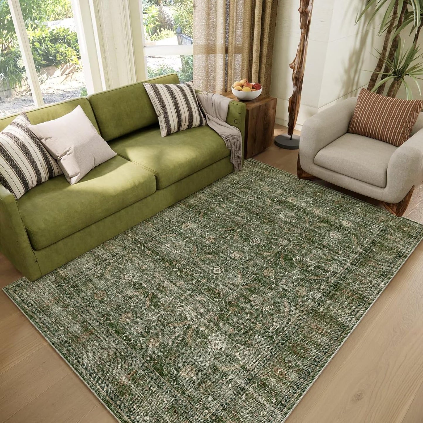 Washable 4x6 Rugs for Living Room, Boho Non-Slip Silicone Backing Small Rugs for Bedroom Nursery Office, 0.3" Neutral Oriental Throw Carpet with 0.16" Cushioning Pad, Grass Green/Multi