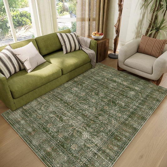 Washable 4x6 Rugs for Living Room, Boho Non-Slip Silicone Backing Small Rugs for Bedroom Nursery Office, 0.3" Neutral Oriental Throw Carpet with 0.16" Cushioning Pad, Grass Green/Multi