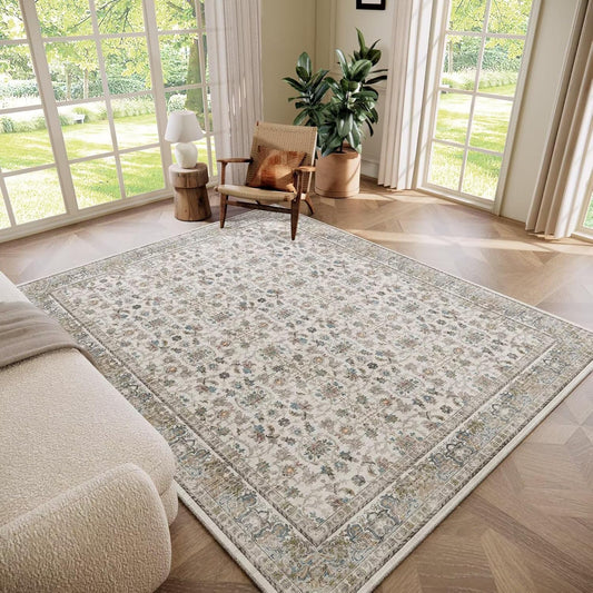Washable 6x9 Area Rugs for Living Room, Boho Non-Slip Silicone Backing Large Rugs for Bedroom Dining Room Nursery Office, 0.3" Neutral Oriental Throw Carpet with 0.16" Cushioning Pad, Cream/Multi