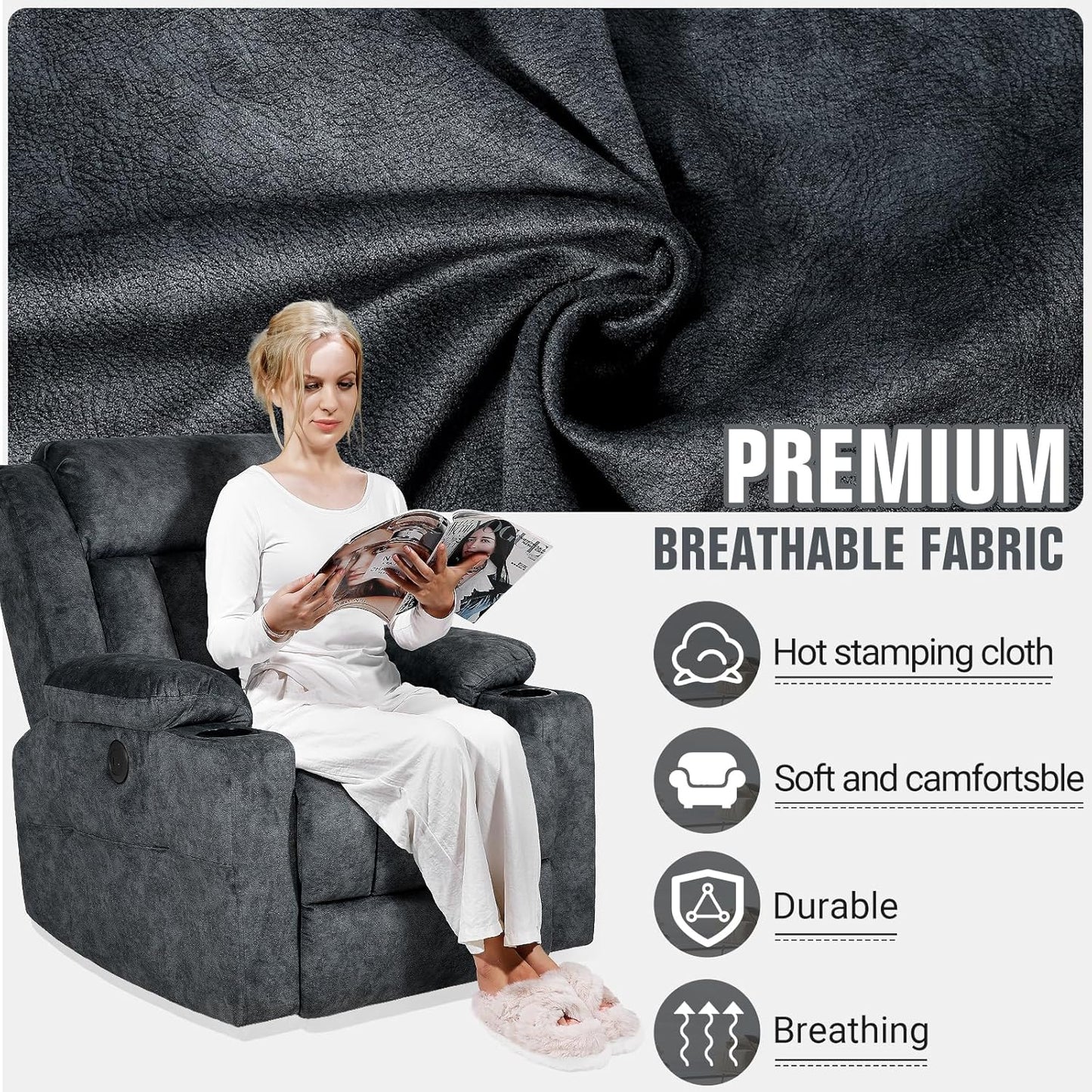 Retro Rocking Recliner Chair, Massage Rocker Recliner Chair with Vibration Massage and Heat, USB and Type-C Ports,360° Swivel Chairs,Living Room, Bedroom, Nursery, RV, Dark Grey