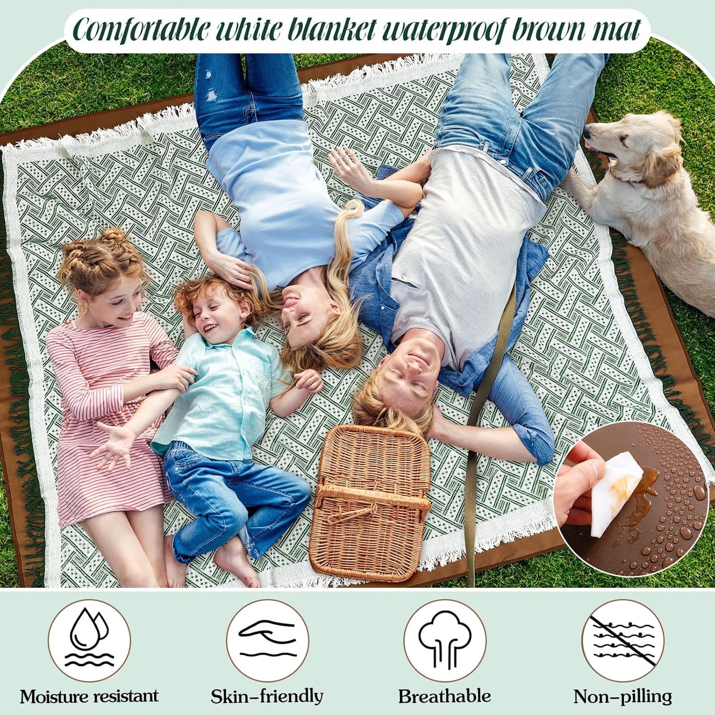 Waterproof Picnic Blankets Outdoor Blanket Foldable 2 in 1 Double Layer Sandproof Beach Mat with Carry Strap for Camping Lawn Park Beach Grass(Green White)