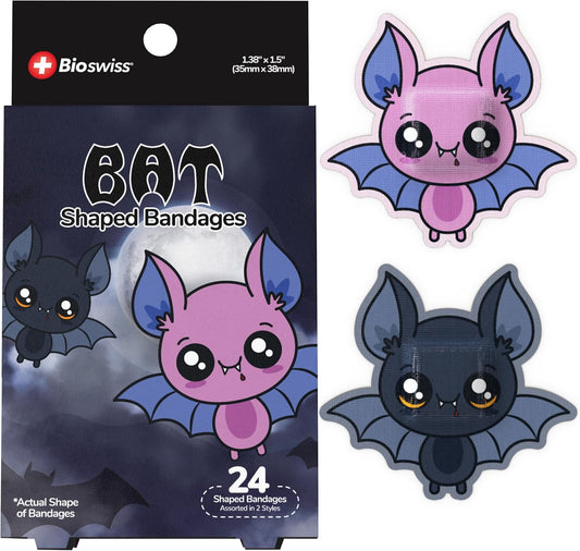 BioSwiss Bandages, Halloween Bat Shaped Self Adhesive Bandage, Latex Free Sterile Wound Care, Fun First Aid Kit Supplies for Kids, 24 Count