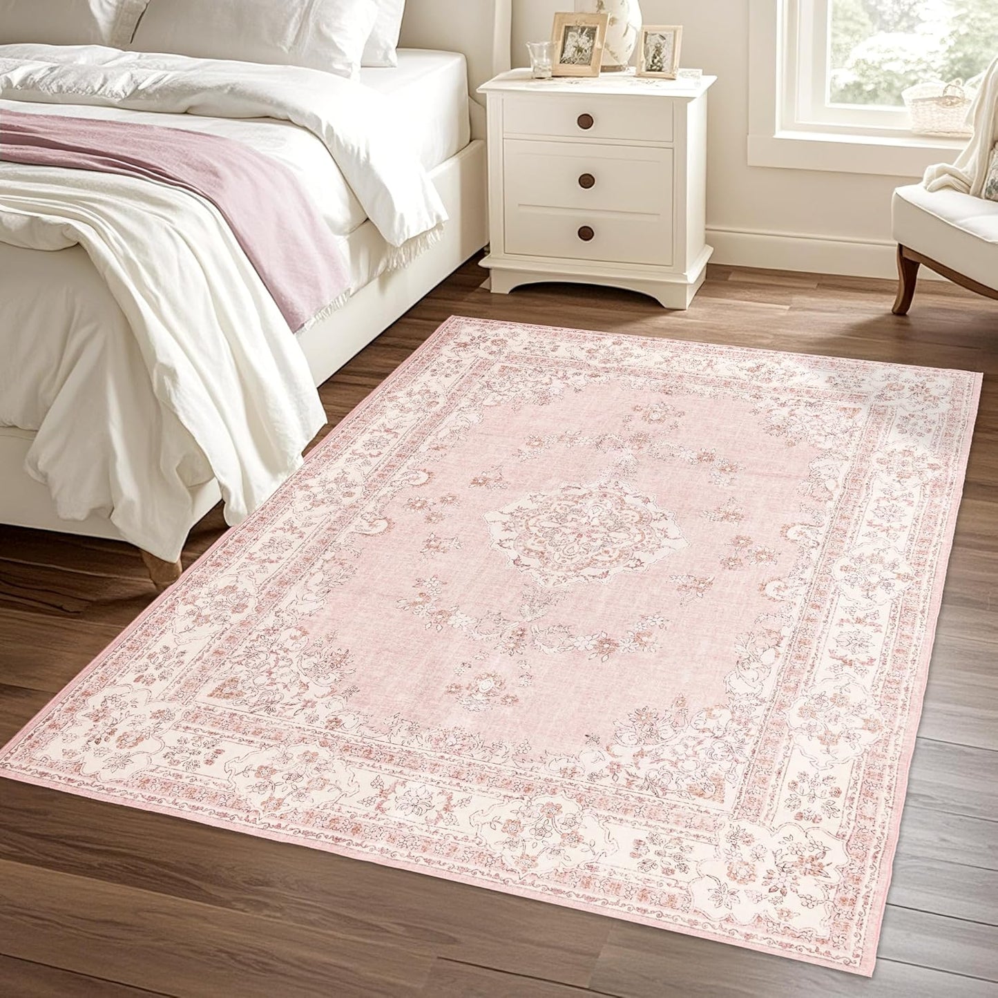 4x6 Area Rug Washable: Oriental Soft Area Rug for Living Room Bedroom No Shedding - Low Pile Thin Carpet Rug for Dining Room Non Slip - Boho Vintage Rug for Home Decor - Soft Pink
