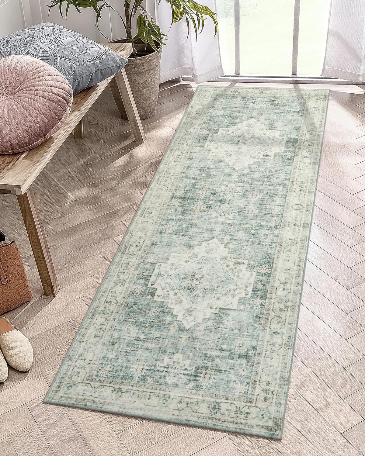 LIVEBOX Washable 2x7 Runner Rug for Bathroom, Non Slip Kitchen Mats for Floor Entryway, Boho Indoor Front Door Mat Low-Pile Runners for Hallways, Farmhouse Rugs for Laundry, Sage Green