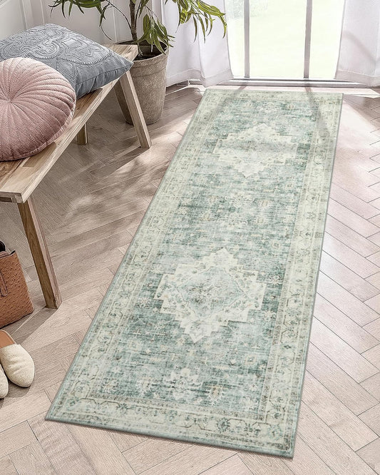 LIVEBOX Washable 2x6 Runner Rug for Bathroom, Non Slip Kitchen Mats for Floor Entryway, Boho Indoor Front Door Mat Low-Pile Runners for Hallways, Farmhouse Rugs for Laundry, Sage Green