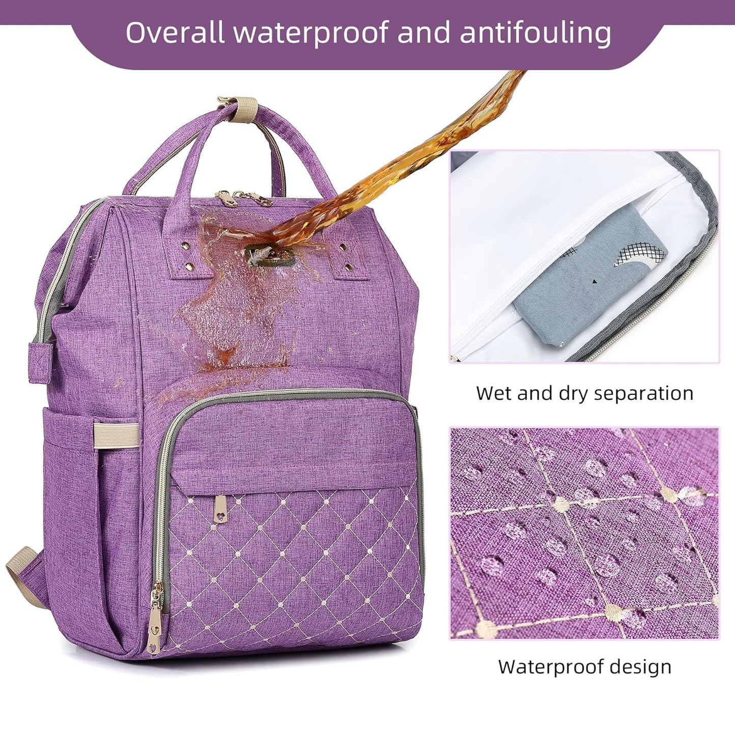 Diaper Bag Backpack, Diaper Bags for Baby Girls Boys, Baby Bags for Moms Dads, Nappy Changing Bag with Insulated Pockets,Multi-functional Waterproof Backpack with Stroller straps-Purple