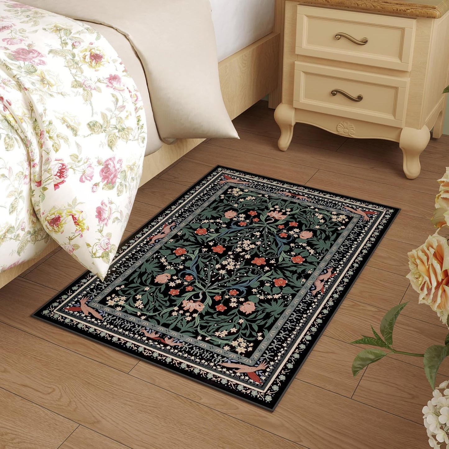Door Mat Indoor Entrance 2x3 Rug Machine Washable Vintage Floral Botanical Small Area Rug Non-Slip Low Pile Throw Rugs for Entryway, Kitchen, Front Door Entrance, Entry, Kids Room, Black