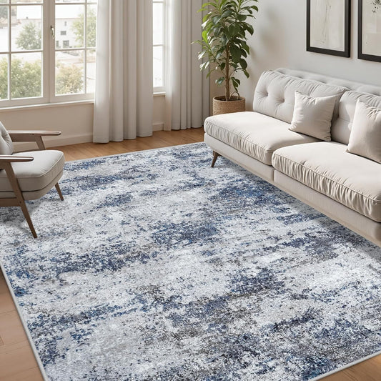 Area Rug Living Room Rugs: 5x7 Abstract Washable Rugs Ultra Soft Carpets with Non-Slip Backing Stain Resistant Carpet for Dining Room Table Bedroom Nursery Indoor Home Office Blue/Gray/Black