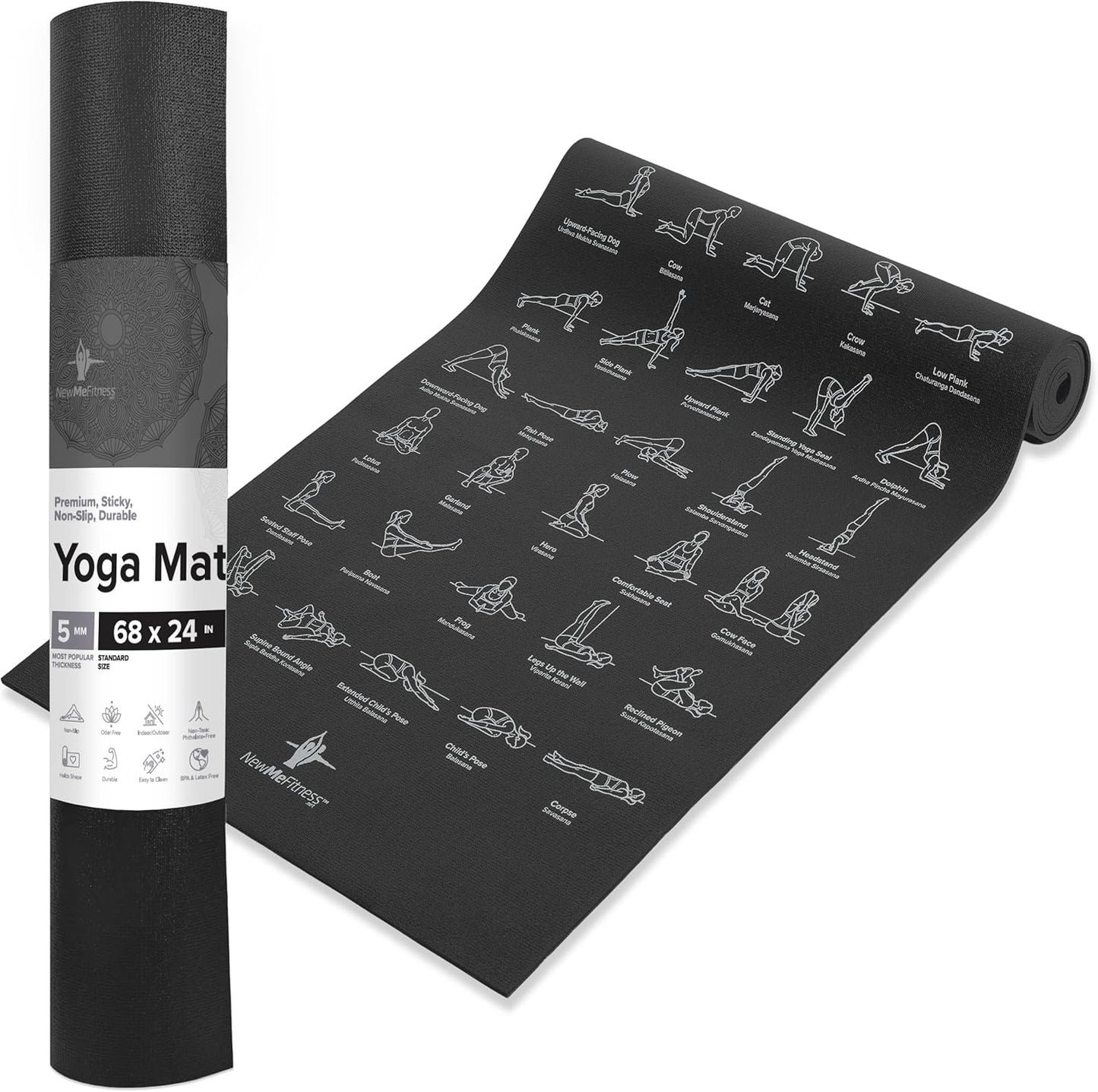 NewMe Fitness Yoga Mat for Women and Men - Large, 5mm Thick, 68 Inch Long, Non Slip Exercise Mats w/ 70 Printed Yoga Poses for Pilates, Workout and Stretching - Home and Gym Essentials