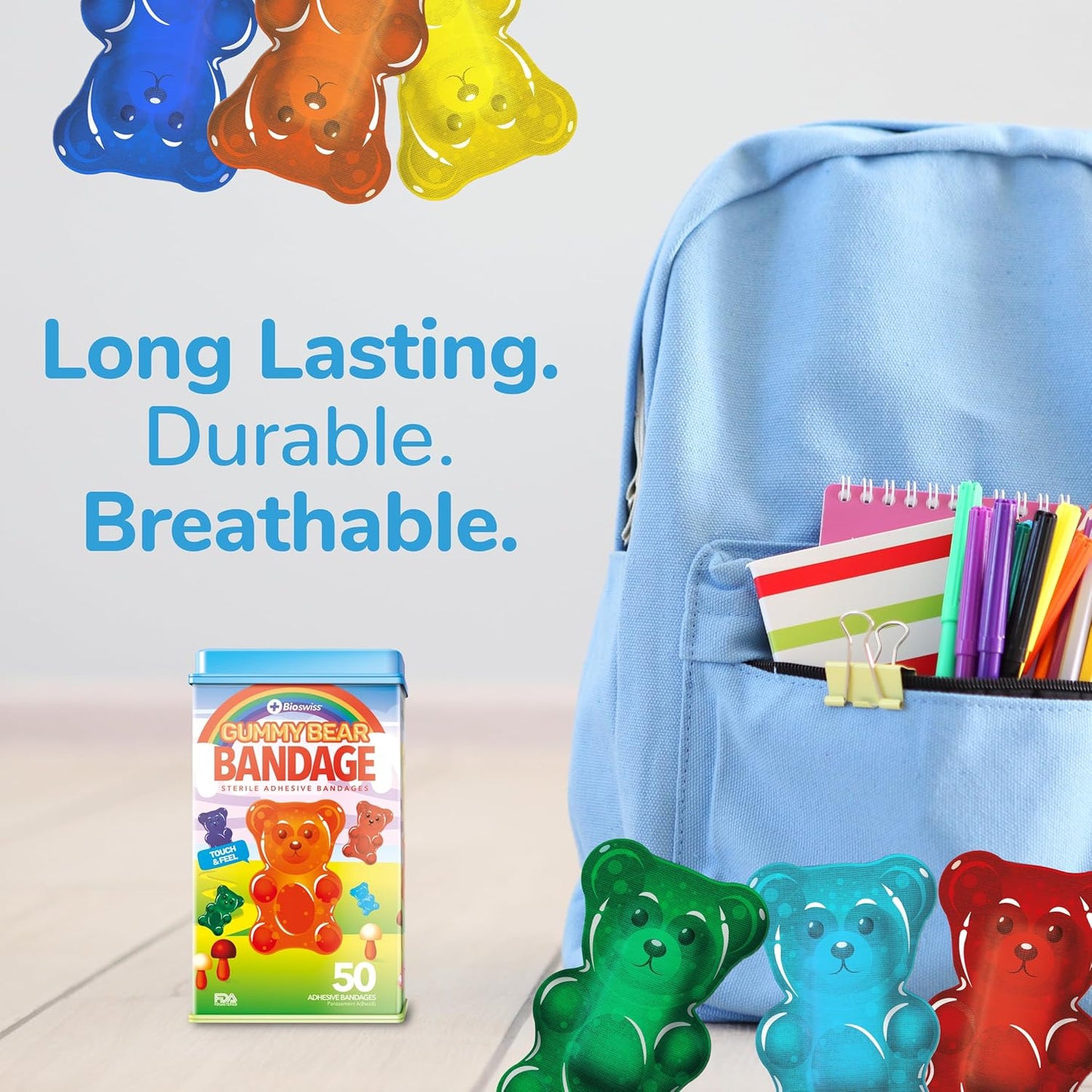 BioSwiss Bandages, Gummy Bear Shaped Self Adhesive Bandage, Latex Free Sterile Wound Care, Fun First Aid Kit Supplies for Kids, 50 Count