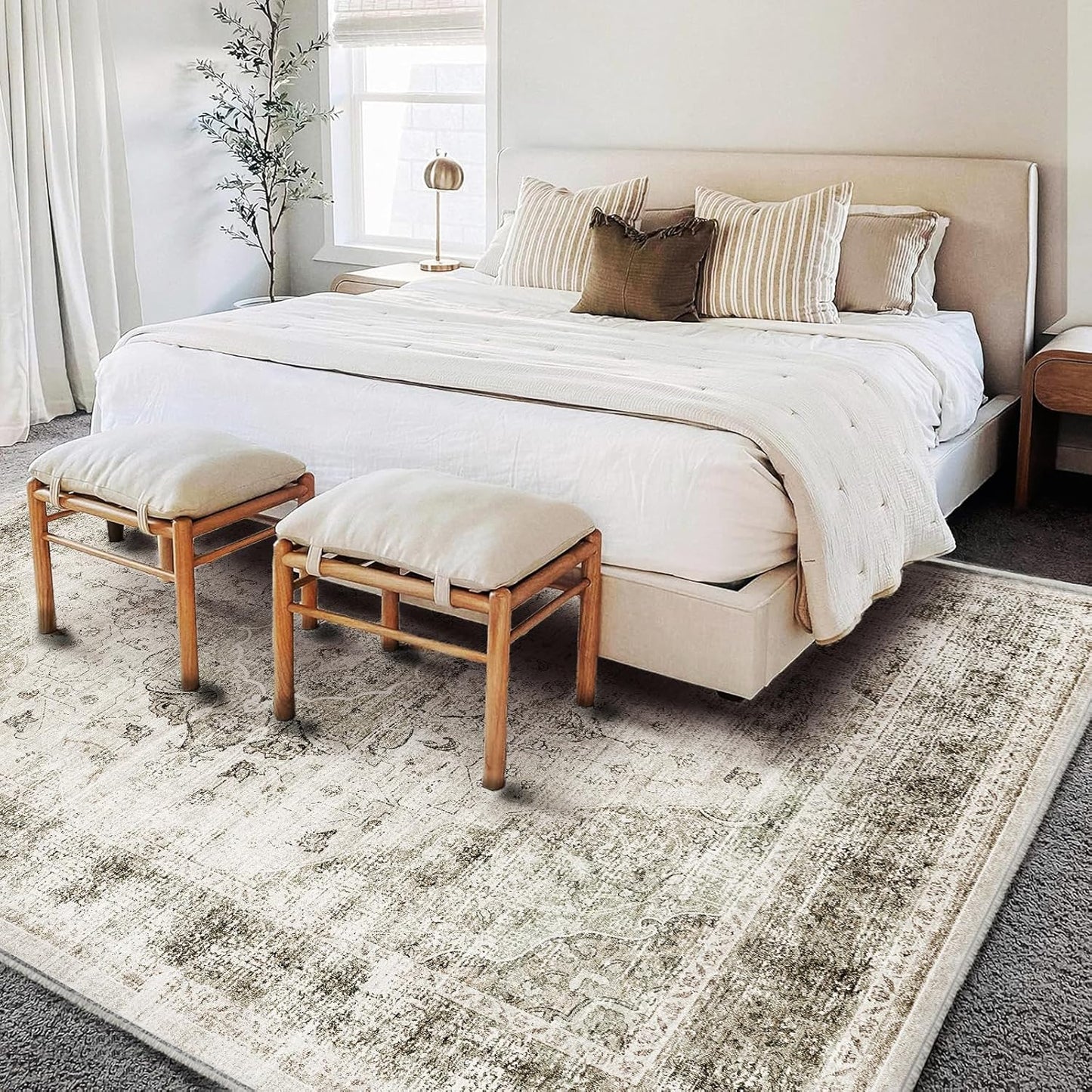 Washable Area Rug 10'x14' Floral Khaki Boho Design Non-Shedding Easy Care Ideal for High Traffic Areas in Living Room Bedroom Office Coffee Table Kitchen Large Carpet