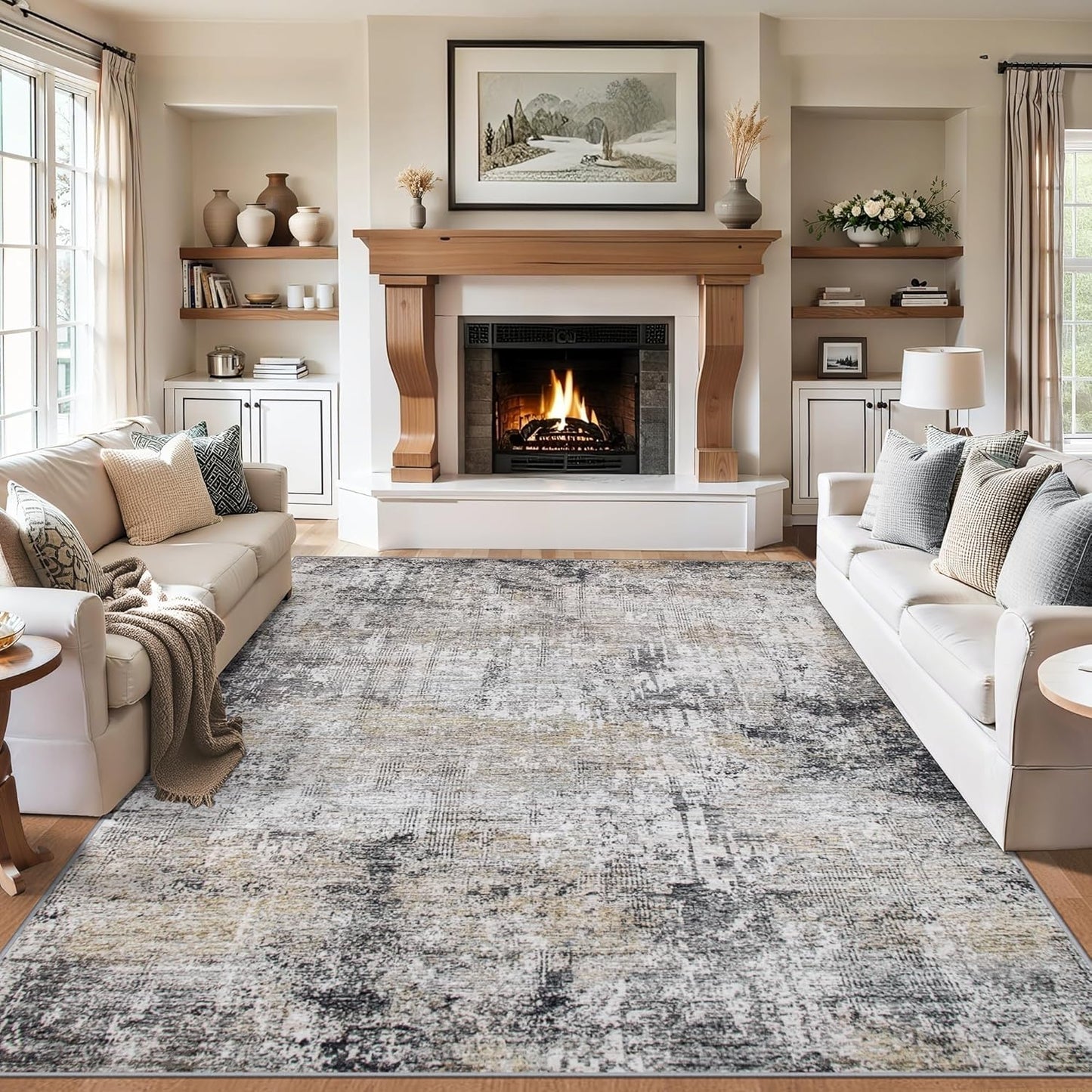 Area Rugs Living Room Rug - 4x6 Washable Modern Abstract Soft Neutral Non-Slip Carpet Large Indoor Floor Thin Carpets for Bedroom Dining Room Farmhouse Nursery Home Office Brown Black Grey