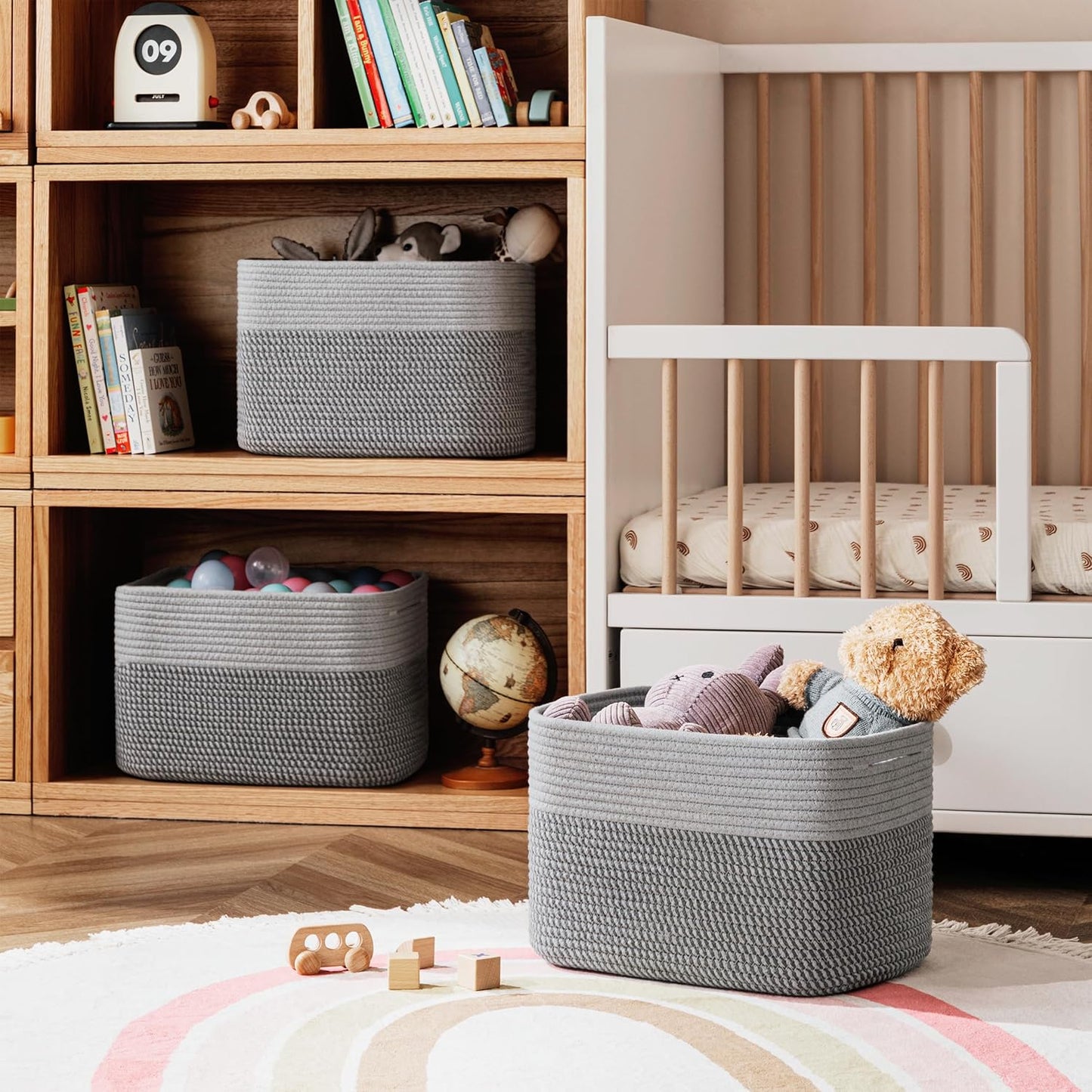 UBBCARE 4 Pack Baskets for Organizing, Woven Storage Baskets for Toys and Towel, Rectangle Cotton Rope Basket with Handles, 15''L x10''W x9''H, Mixed Grey