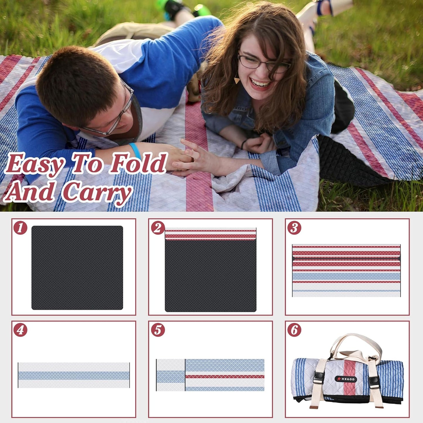 Waterproof Picnic Mat, Outdoor Camping Oversized Field Blanket. Portable Thickened Camping Blanket, Suitable for Beach, Camping, Music Festival, Party, Outdoor Adventure. (Red&Blue&White, 80”x60”)