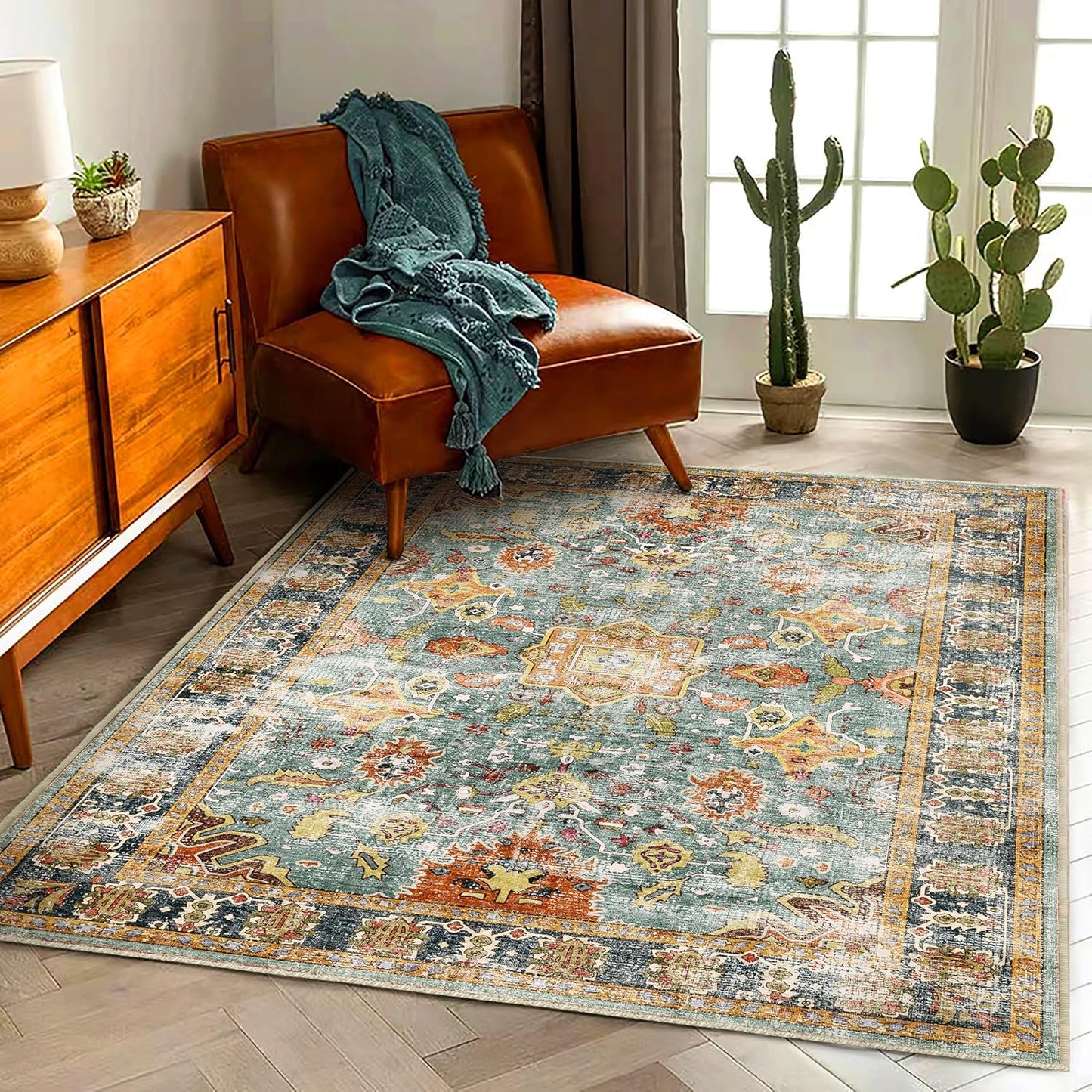 Area Rug 3'x5' Washable Vintage Traditional Floor Rugs Cover Foldable Thin Retro Accent Indoor Distressed Non Slip Carpet Floral Print Mat Bedroom Living Room Bathroom