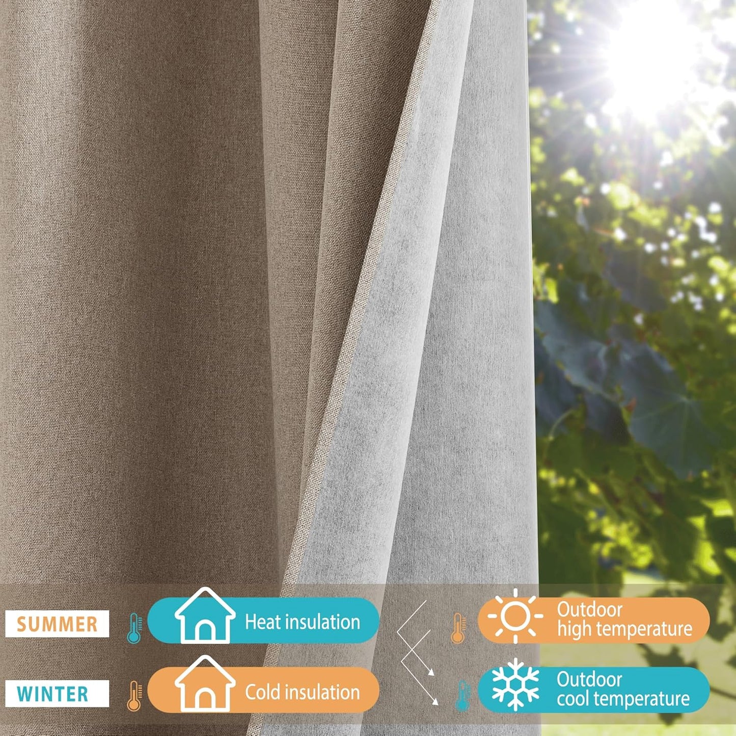 NICETOWN 100% Blackout Linen Faux Linen Curtains 95 inches Length for Dining Room, 2 Panels Set, 52" Wide, Farmhouse Style Room Cooling Window Draperies with Thermal Insulated Liners
