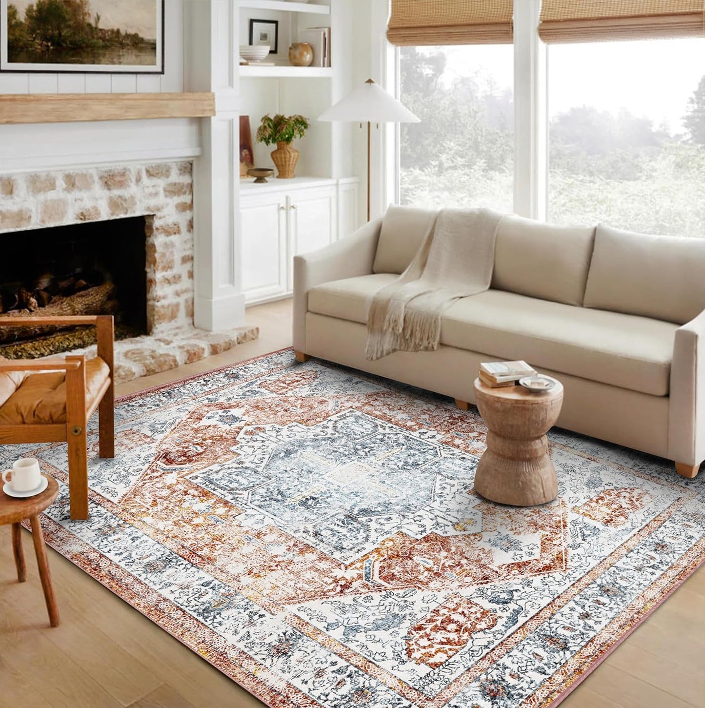 Area Rug 6x9 Washable Rug Tangerine Vintage Traditional Floor Cover Thin Retro Kitchen Indoor Distressed Non Slip Carpet Floral Print Mat Living Room Bedroom Dining Room