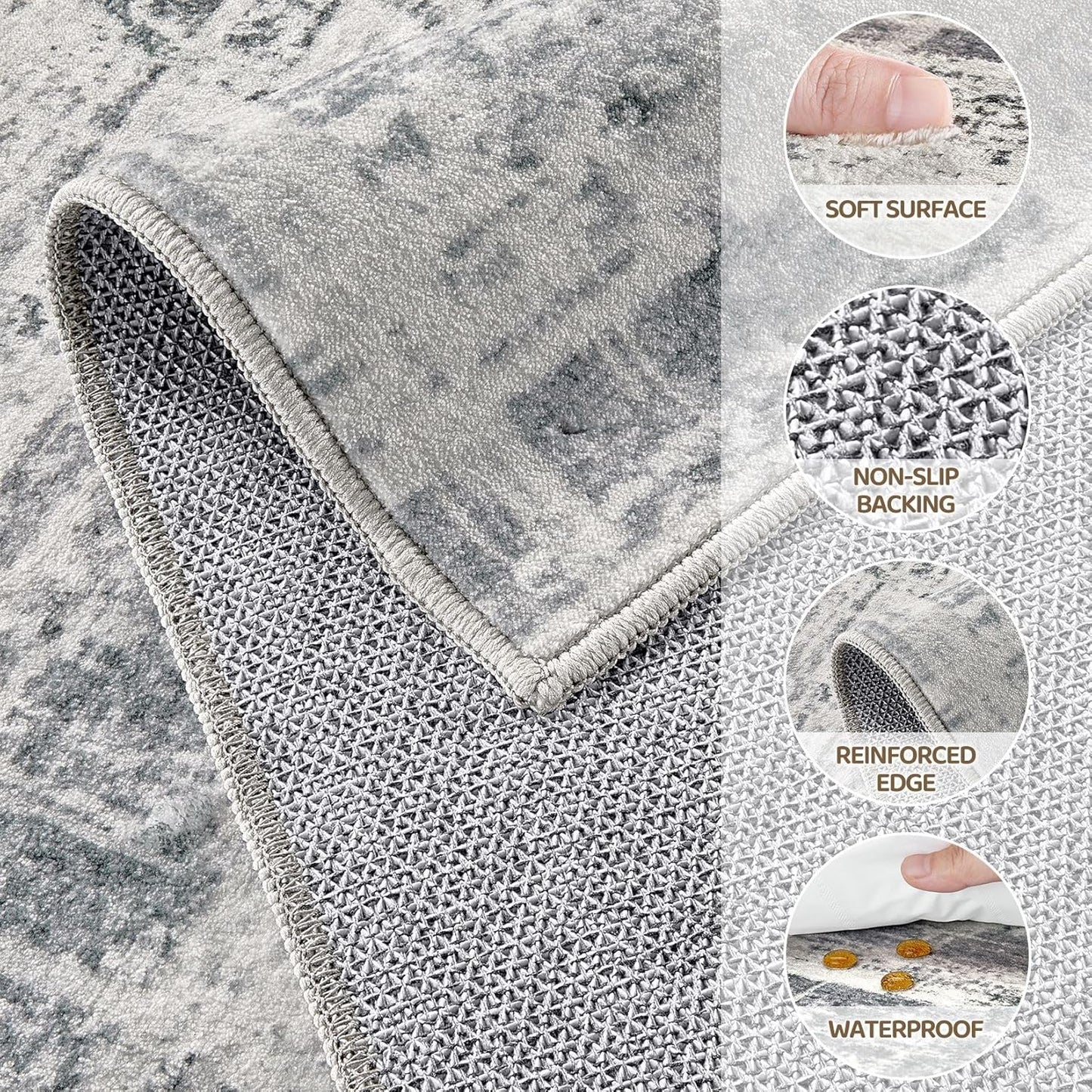 Area Rug for Living Room: 6x9 Washable Neutral Abstract Modern Soft Rugs Non Slip Indoor Floor Stain Resistant Large Carpet for Bedroom Dining Room Office Nursery - Gray