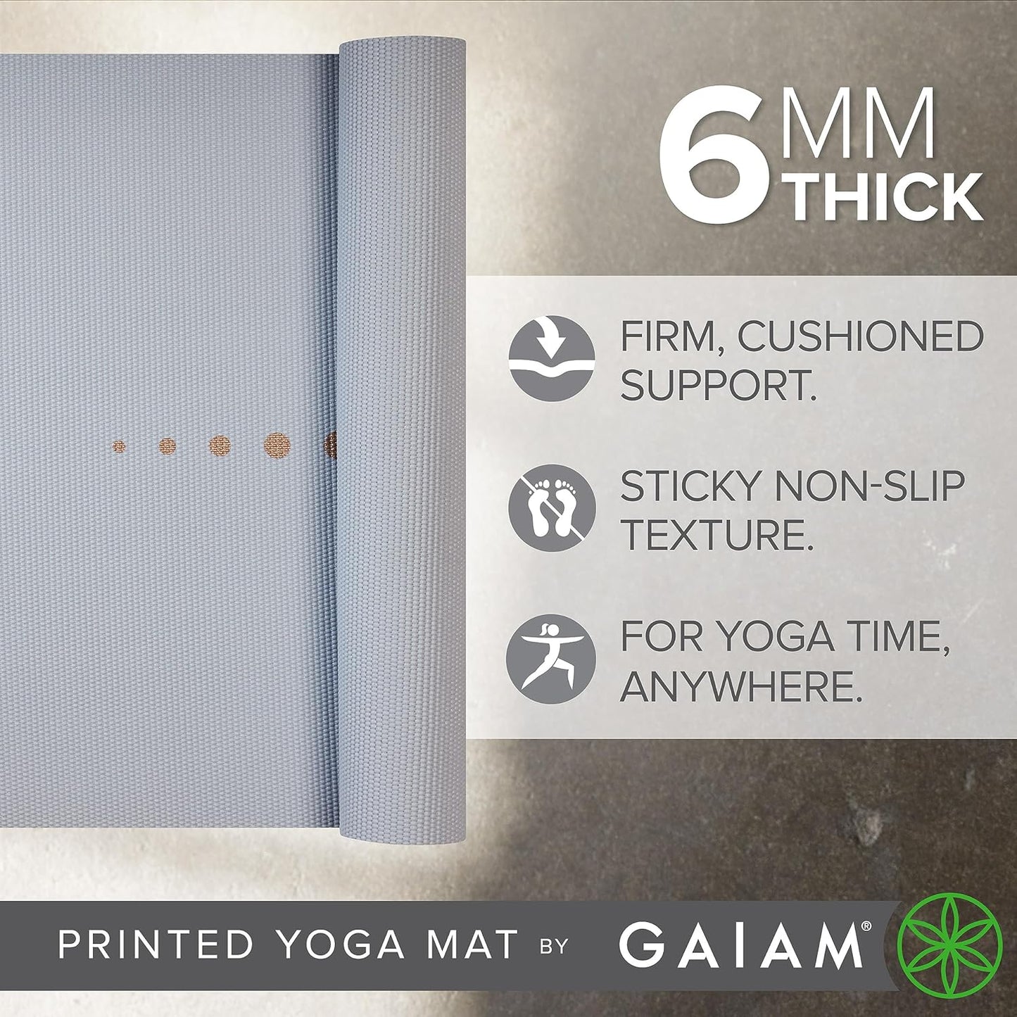 Gaiam Yoga Mat - Premium 6mm Print Extra Thick Non Slip Exercise & Fitness Mat for All Types of Yoga, Pilates & Floor Workouts (68"L x 24"W x 6mm Thick)