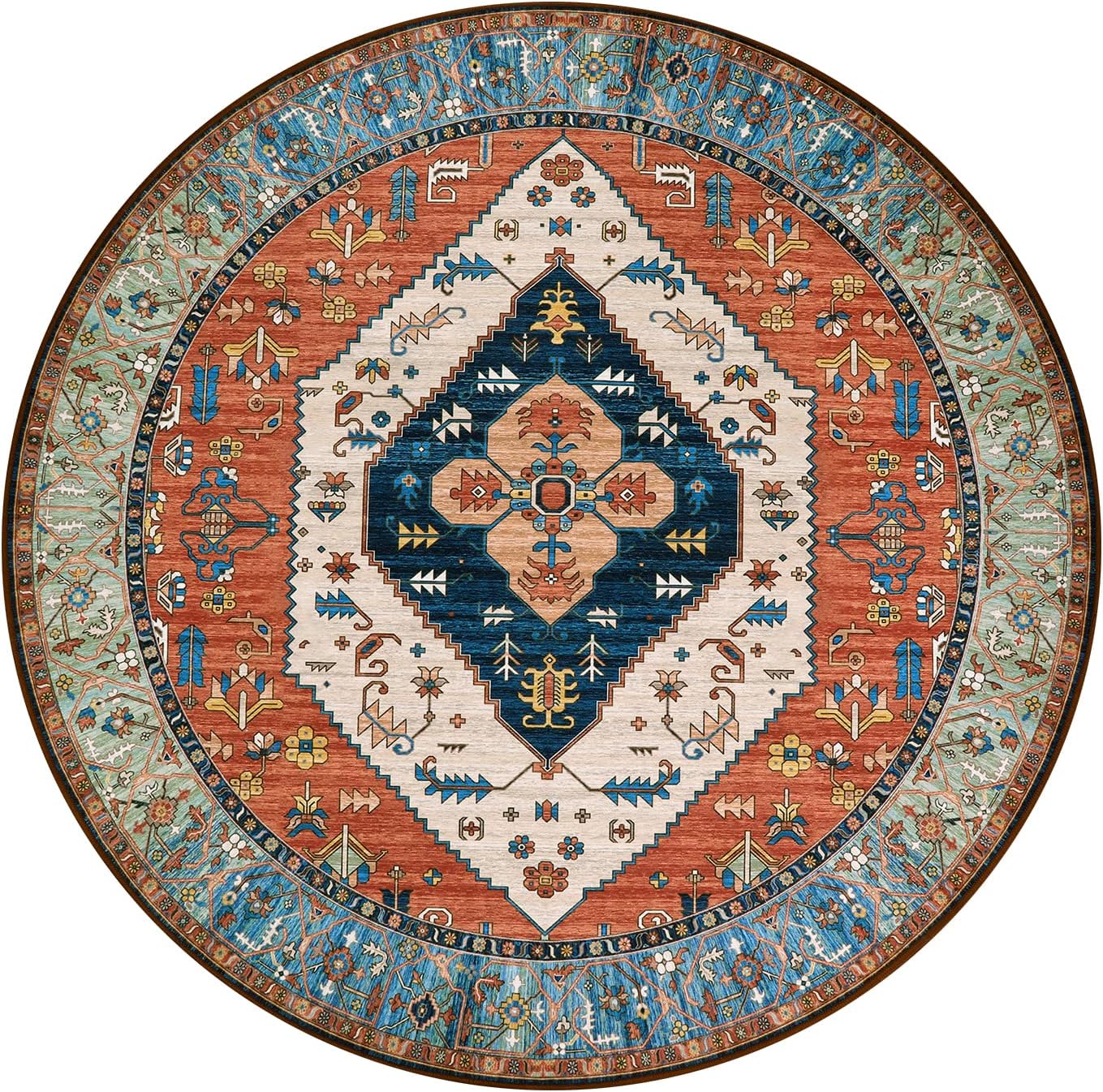 Lahome Boho Washable 4Ft Round Area Rug, Non-Slip Throw Untra-Thin Small Round Carpet, Oriental Vintage Distressed Circle Rug for Bedroom Kitchen Dining Living Room Office, 4x4/Rust