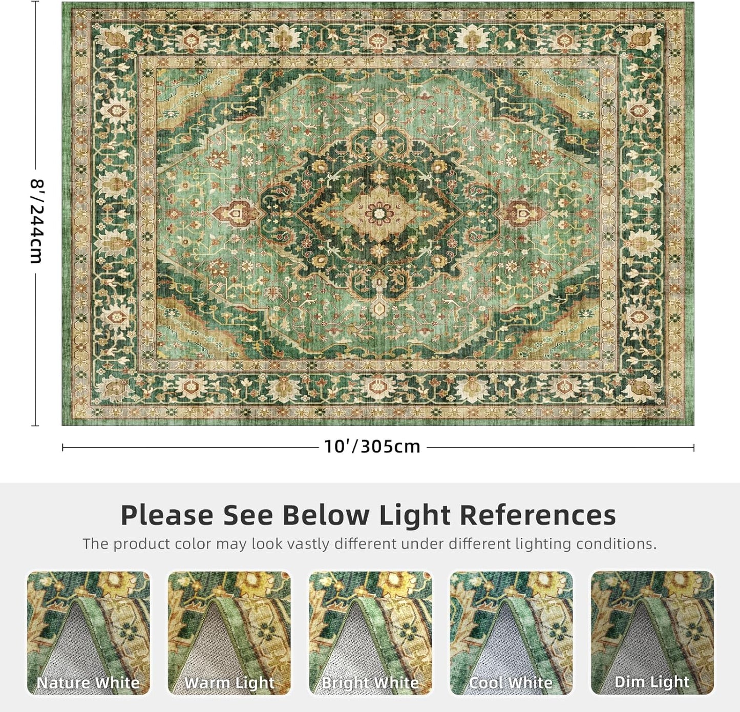 Deerly Green Rug 8x10 Area Rug for Living Room Bedroom Washable Rugs Large Boho 8x10 Rug for Dining Room Carpet Non-Slip Distressed Carpet Rugs Print Floor Rug(Border Green)