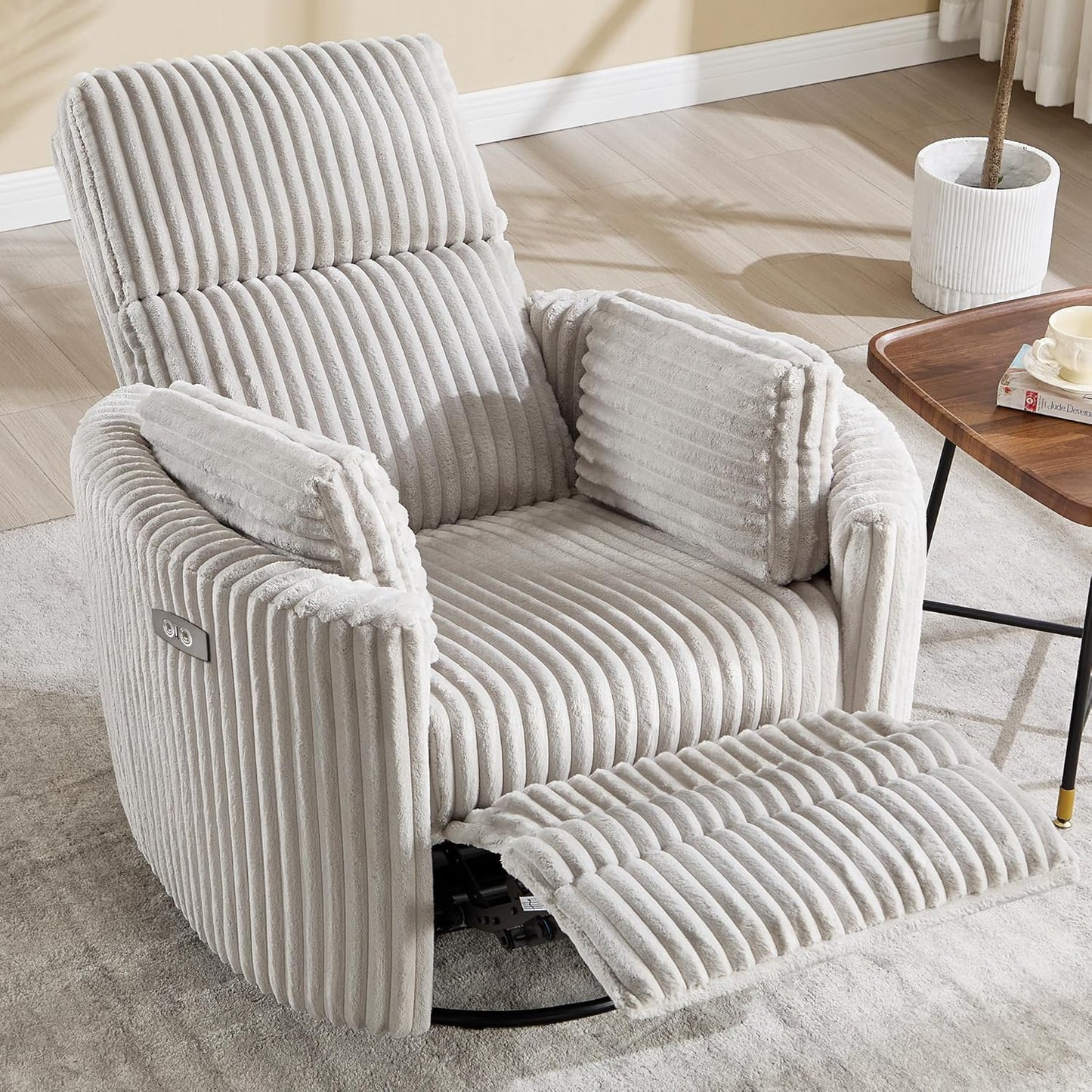 Recliner Swivel Glider Electric Rocking Chair with USB Living Room Bedroom Upholstered Highback Nursery Adult Power Recliner Rocking Chair with 2 Pillows(LIGHTGREY Corduroy, Power-Driven)