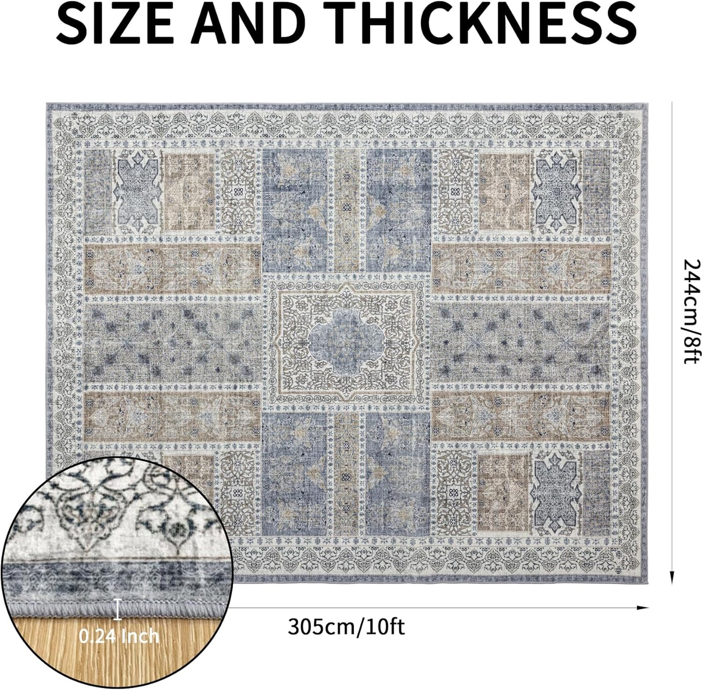 8x10 Area Rugs Washable: Oriental Soft Area Rug for Living Room Bedroom No Shedding - Low Pile Thin Carpet Rug for Dining Room Non Slip - Boho Vintage Rug for Home Decor - Blue Grey