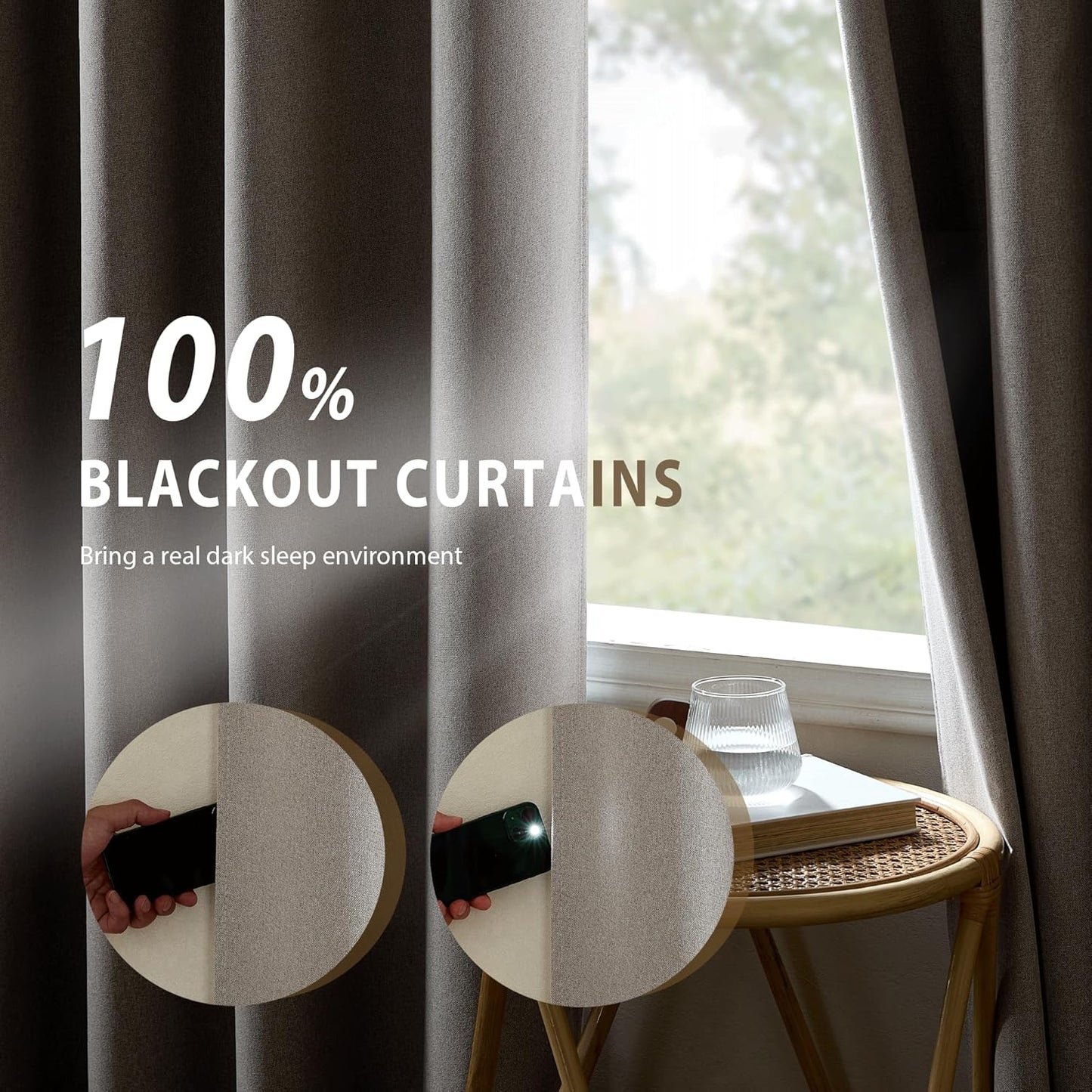 NICETOWN Natural Full Blackout Boho-Chic Faux Linen Curtains 84" Long 2 Panels Set for Cafe Window, 42" Wide, Thick Faux Linen Blend Drapes, Insulated Window Covers Draperies with White Backing