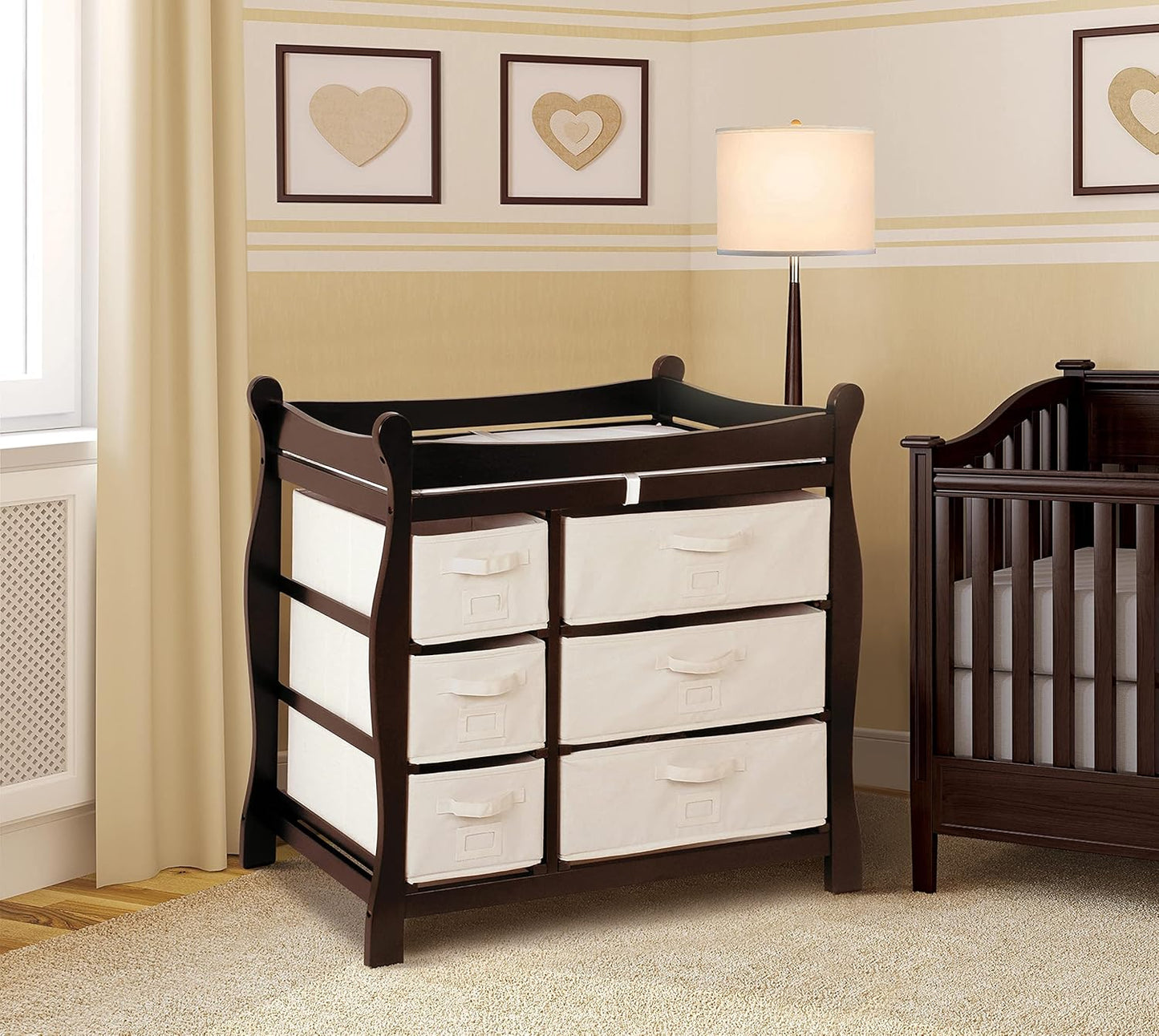 Badger Basket Sleigh Style Baby Changing Table - Diaper Station with 6 Removable Storage Baskets, Safety Rails, Pad, and Belt - Nursery Organizer - Espresso