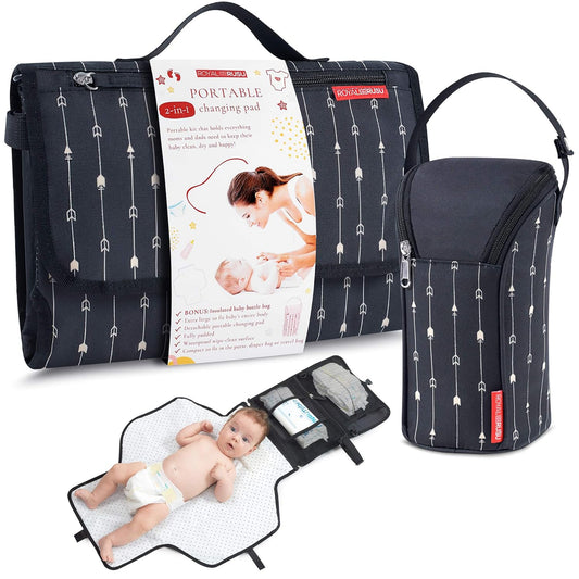 Portable Diaper Changing Pad Waterproof – B0NUS Insulated Baby Bottle Bag, 2-in-1 Diaper Clutch and Changing Mat, Wipe Clean Portable Changing Pad with Built-in Head Cushion (Black)