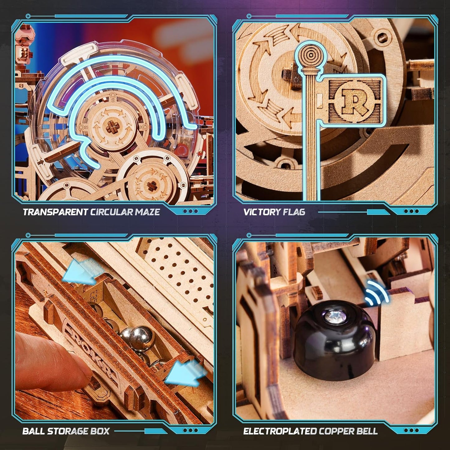 ROKR 3D Wooden Puzzles for Adults Miniature Marble Run Building Toys,DIY Pinball Machine Model Kits-Gear Ball Challenge EGC01