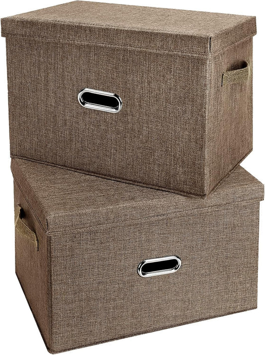 Large Linen Fabric Foldable Storage Bins with Removable Lid and Handles, Washable Storage Box Organizer Containers Baskets Cube with Cover for Bedroom,Closet,Office (Coffee, Small(2-Pack))
