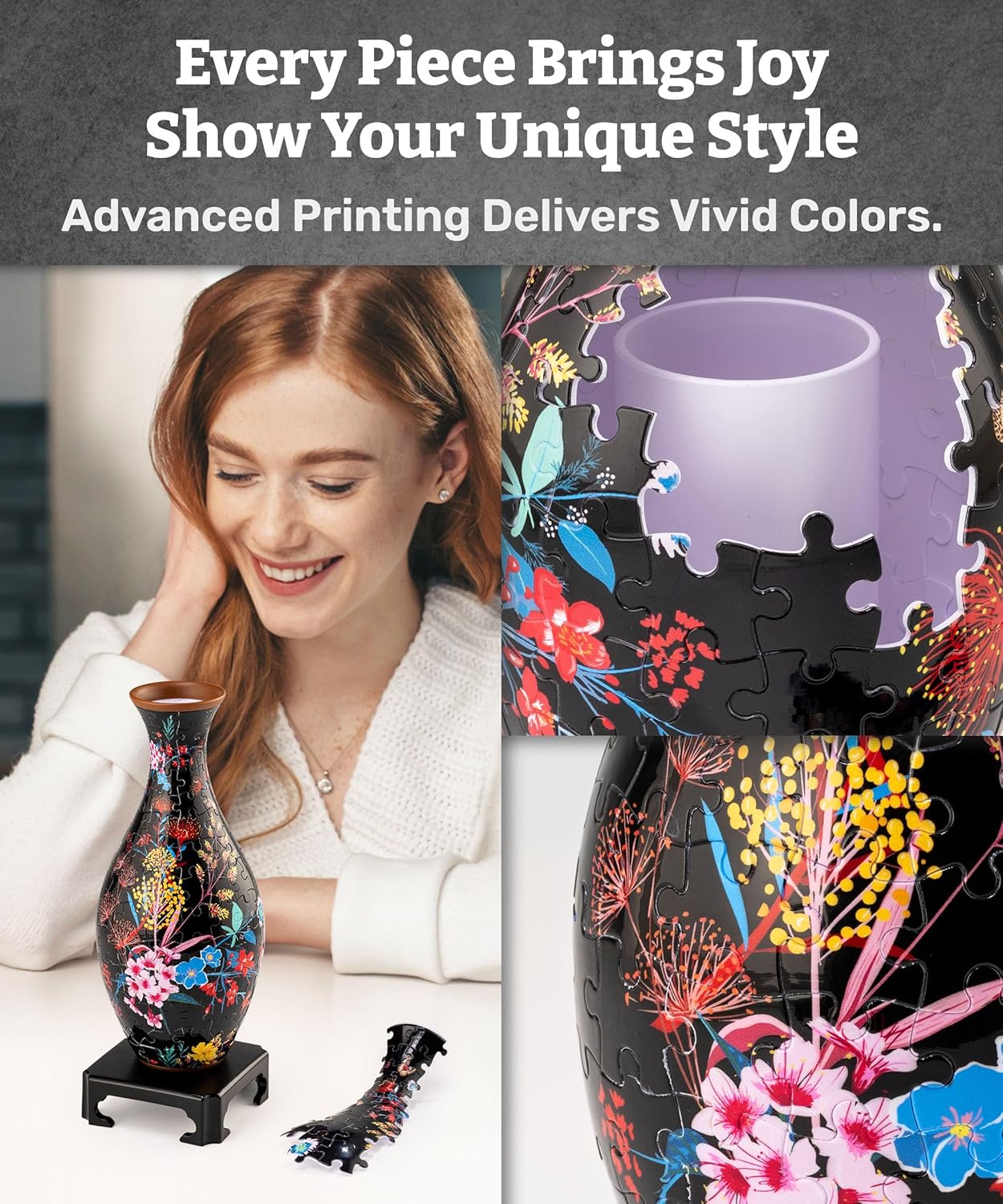 Pintoo 3D Puzzle Vase Unique Flower Vase Made by 160 Curved Plastic Puzzle Pieces House Warming Gift for Flower Arrangements and Home Decoration - [S1031] (Classic, Elegant Floral Print)
