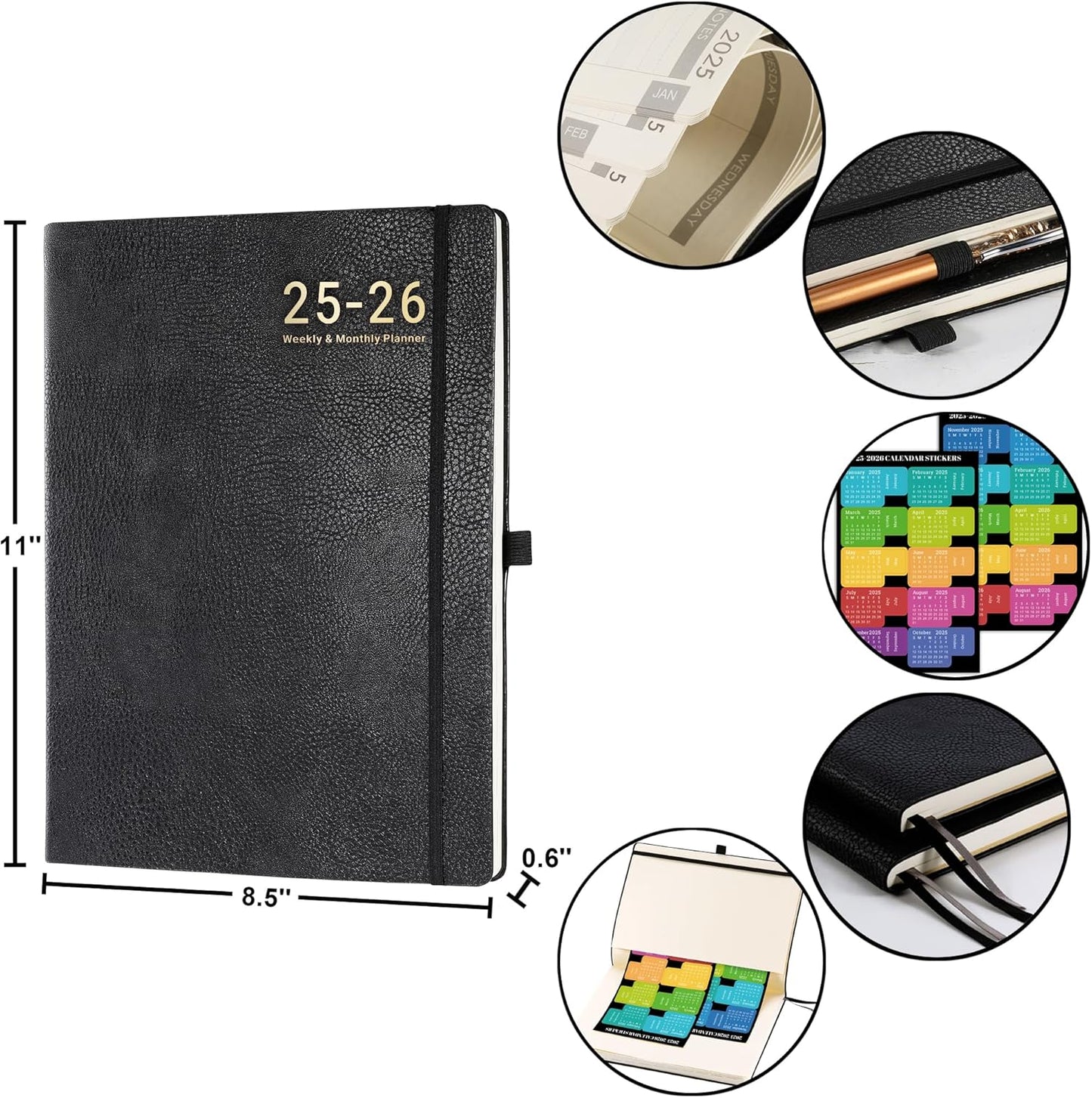 Planner 2025-2026 - JUL 2025 - JUN 2026, Planner Weekly and Monthly, Academic Planner 2025-2026, 8.5" x 11", Leather Cover Planners with Thick Paper, Back Pocket with Notes Pages, Black