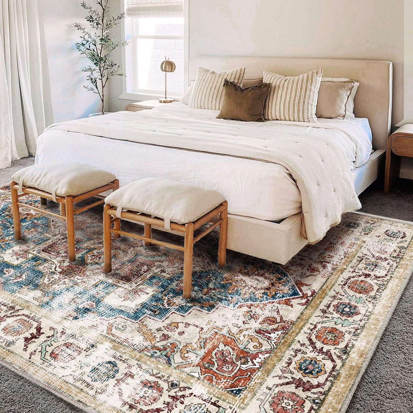 Washable Area Rug 9'x12' Beige Blue Boho Chic Medallion Distressed Design Non-Shedding Easy Care Ideal for High Traffic Areas in Living Room Bedroom Office Coffee Table Large Carpet