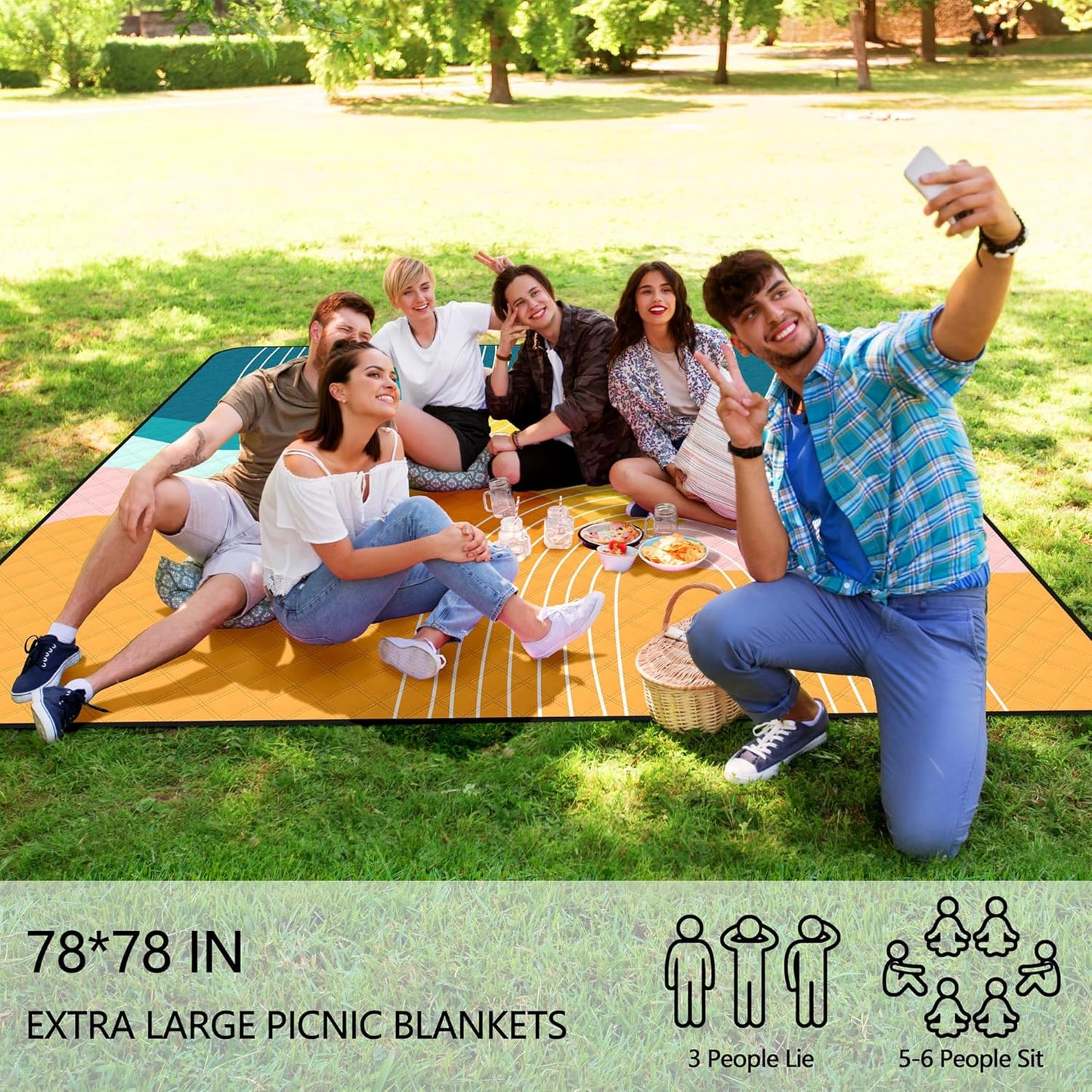 Picnic Blankets Waterproof Foldable, Extra Large 79"x79" Beach Blanket Waterproof Sandproof, 3-Layer Polyester Foldable Portable Outdoor Mat for Park, Camping, Travel, Grass Lawn- Afterglow Rainbow